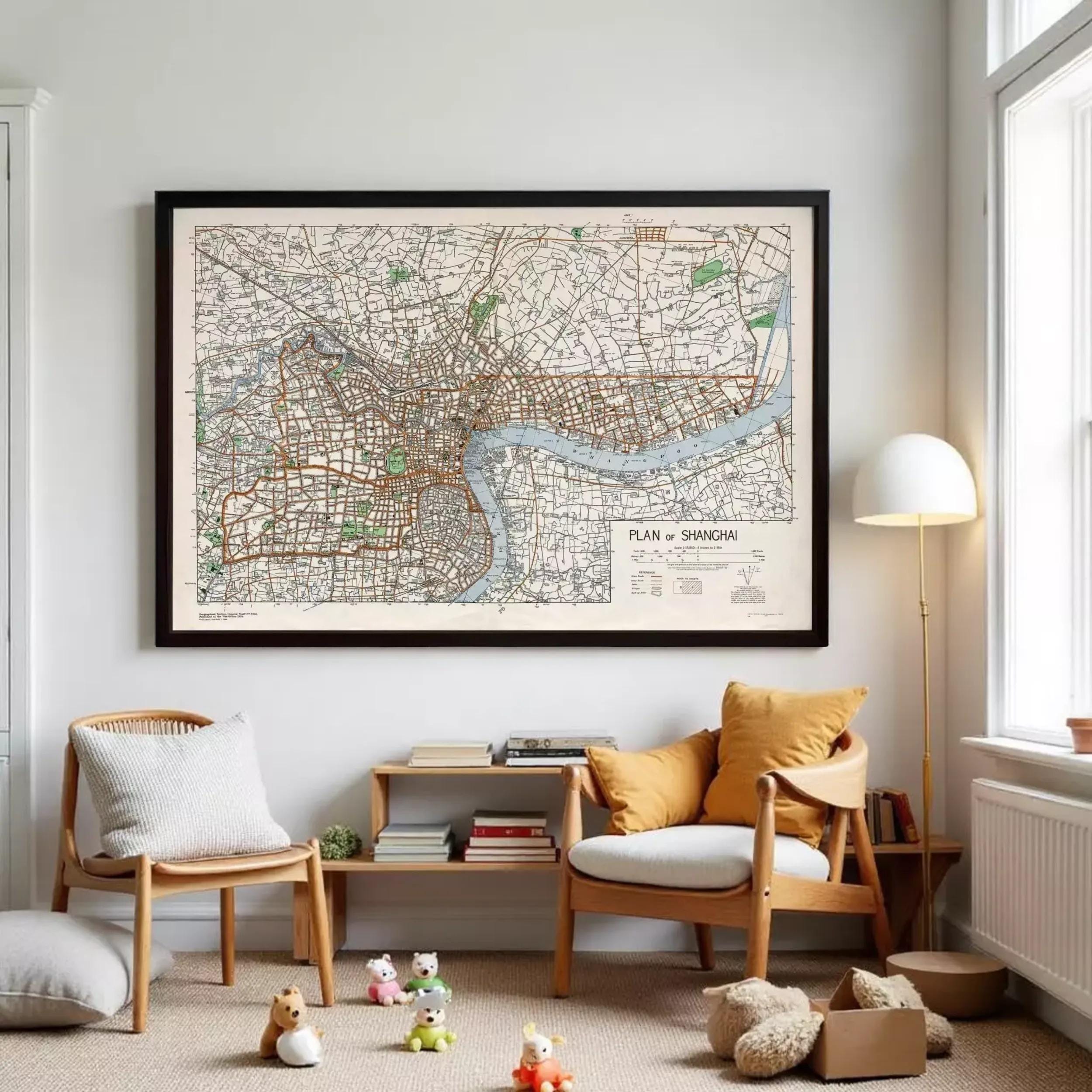 A framed map of Shanghai, China, with a river and various landmarks visible.