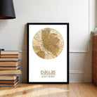 A framed map of Dallas, Texas, with the city's name and location printed on it.