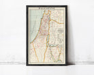 The image is a framed vintage map of Palestine, depicting the country's geographical layout and boundaries.