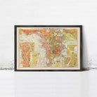 The image is a framed vintage map of a city, depicting various streets, landmarks, and geographical features.