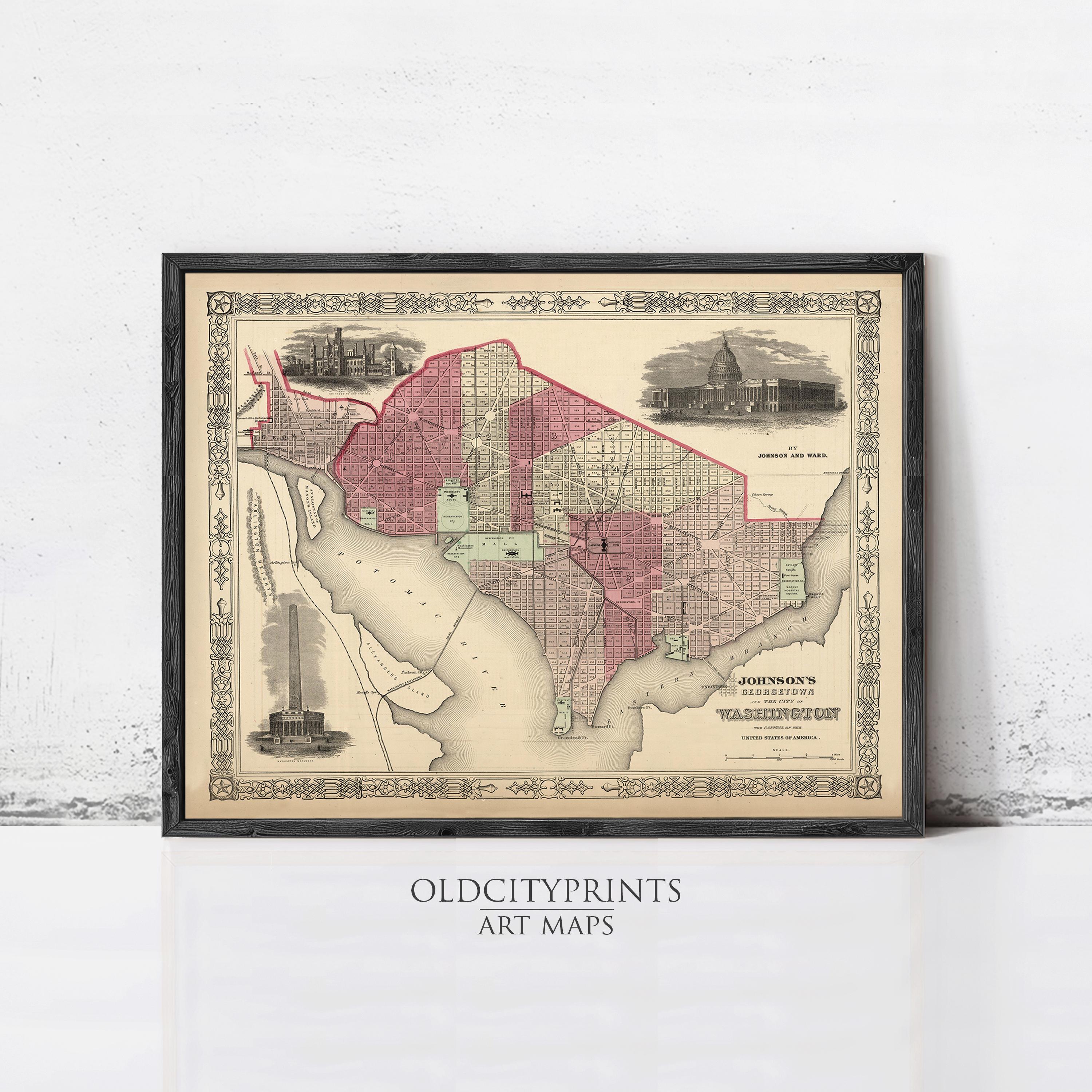 The image is a framed vintage map of Washington, D.C.