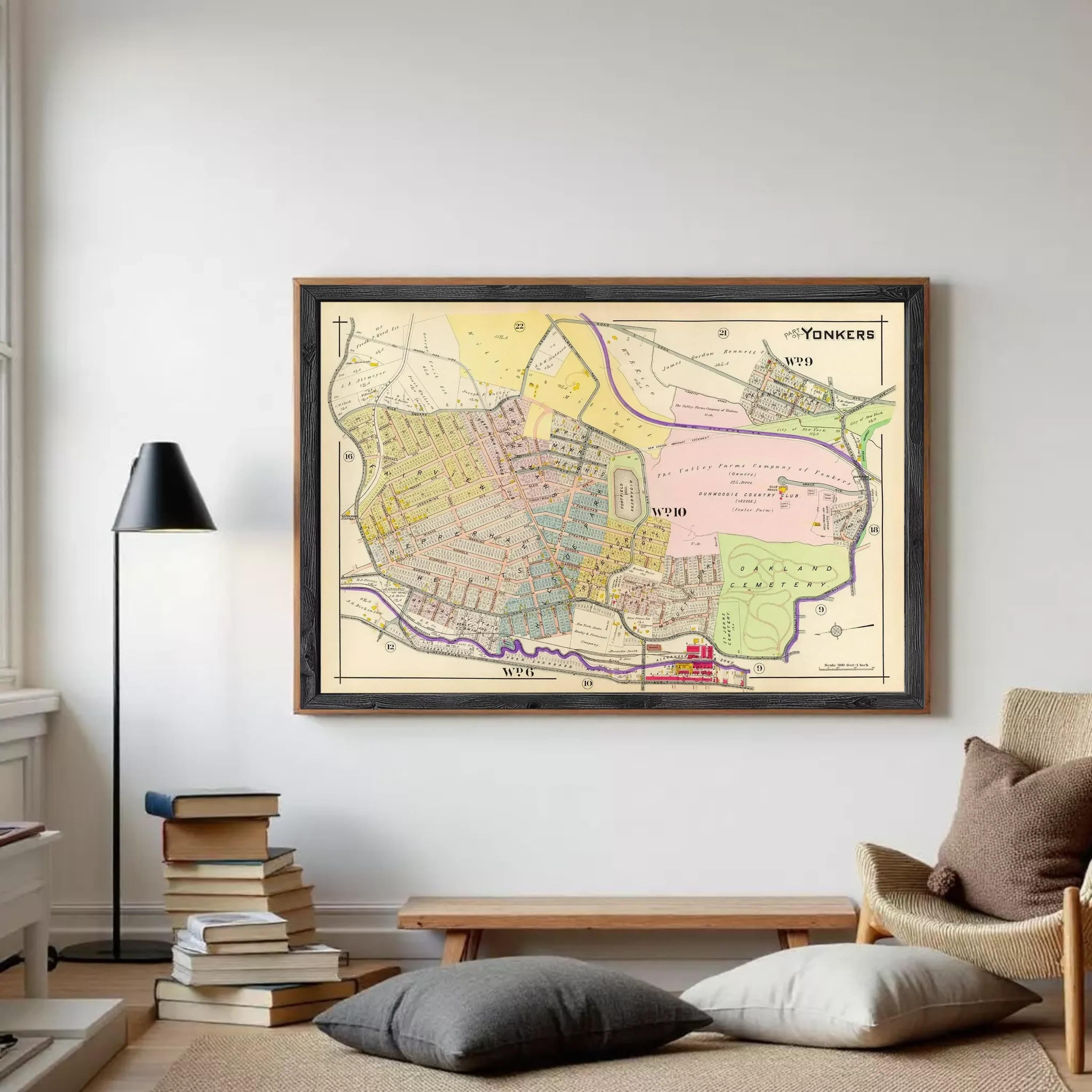 The image is a framed vintage map of the Yonkers area, showing a detailed layout of the neighborhood and surrounding areas.