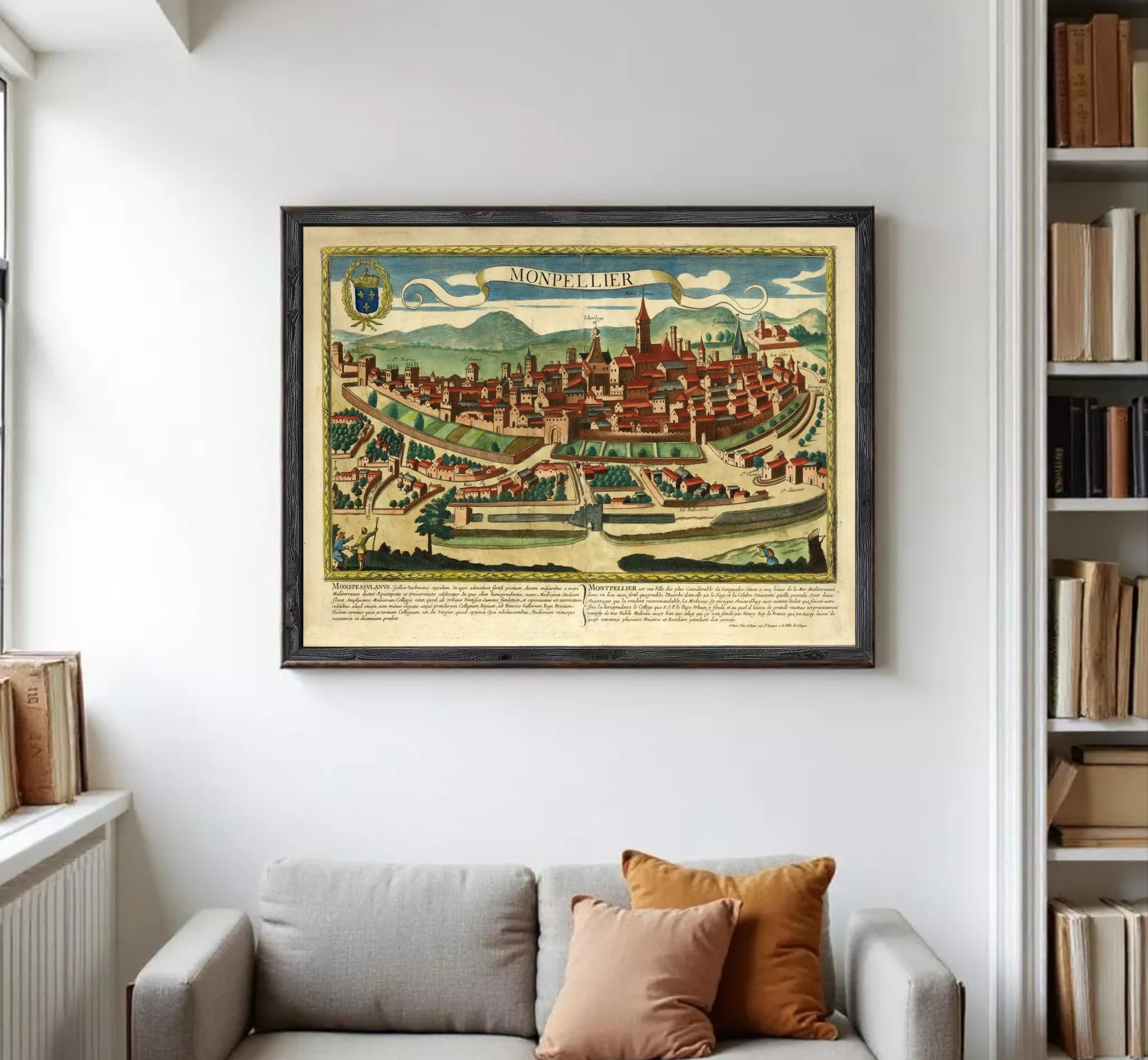 The image is a framed vintage map of the city of Montpellier, France, depicting the city's layout and surrounding landscape.