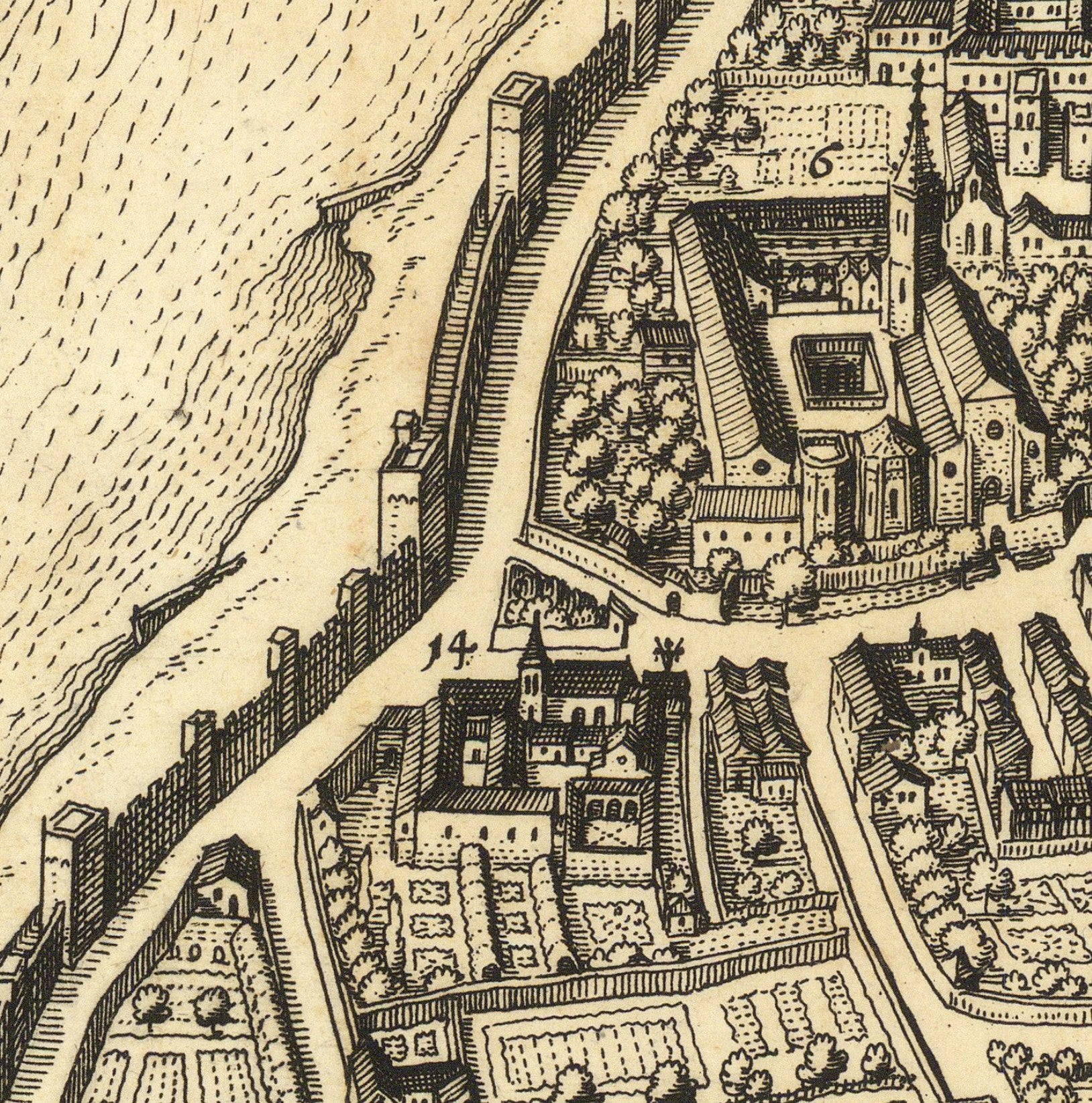 The image is a detailed black and white illustration of a city, featuring various buildings, roads, and a body of water.