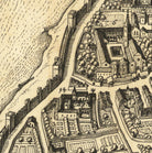 The image is a detailed black and white illustration of a city, featuring various buildings, roads, and a body of water.
