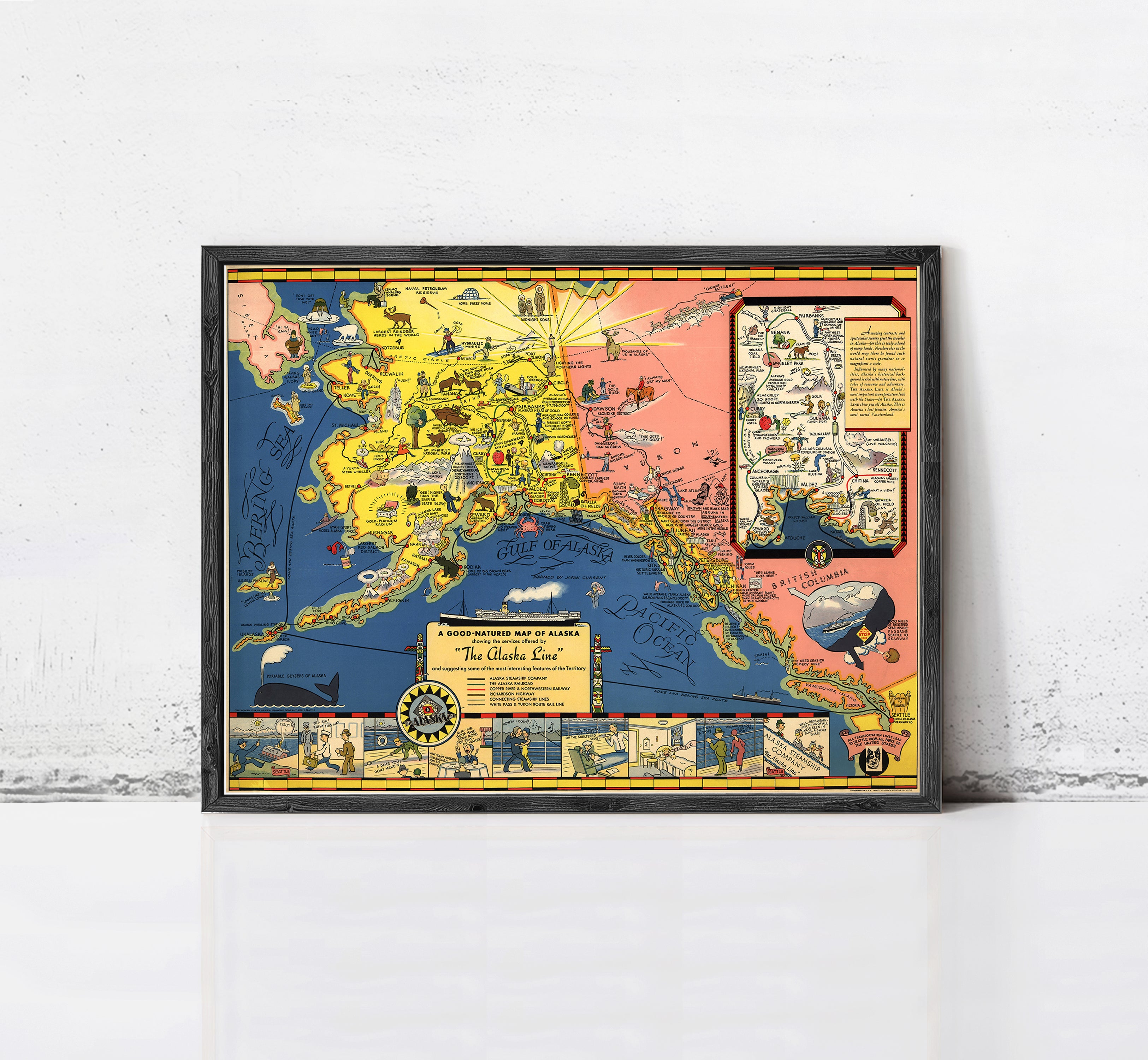 The image is a framed vintage map of Alaska, depicting various landmarks and locations across the state.