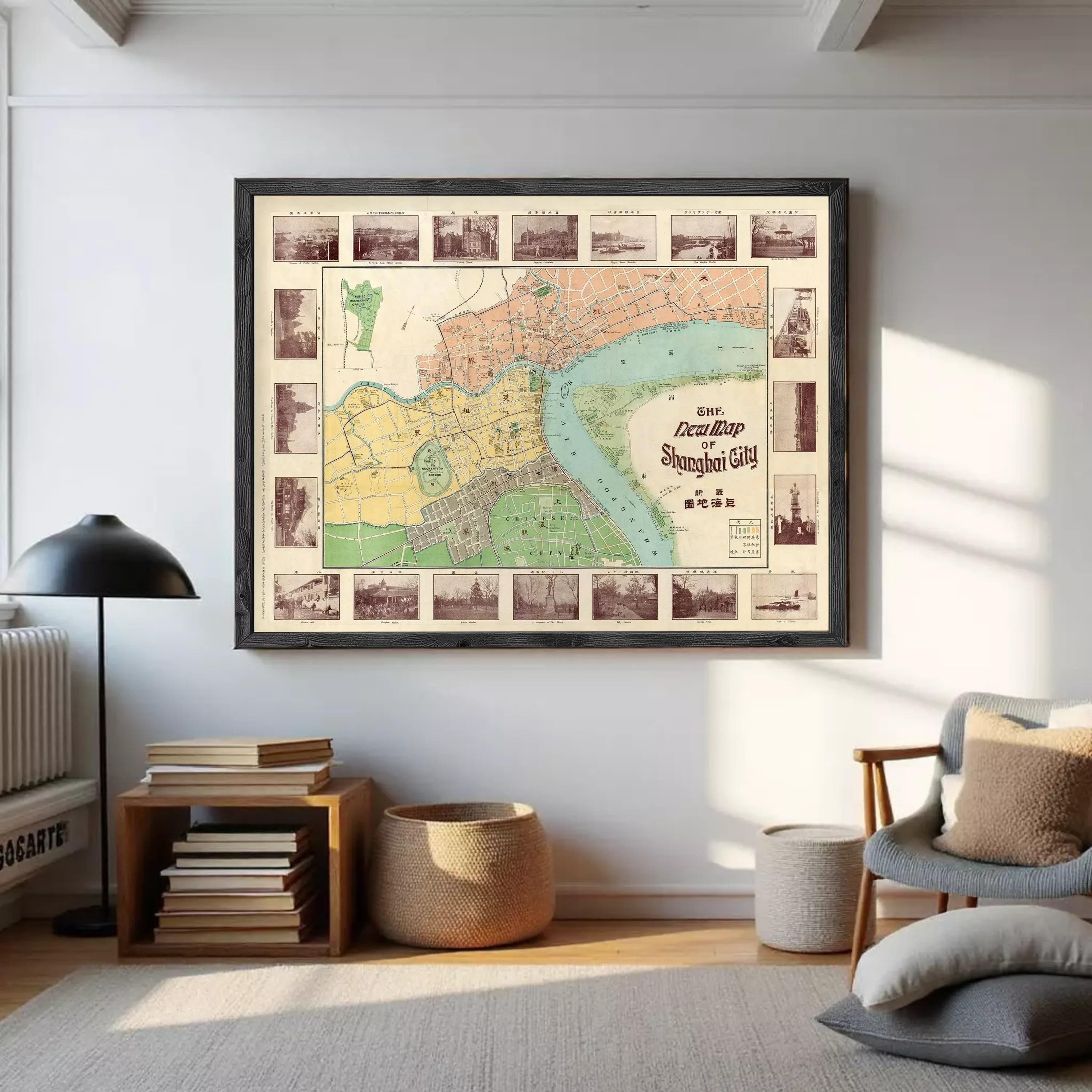 The image is a framed vintage map of Shanghai, China, depicting the city's streets, landmarks, and waterways.