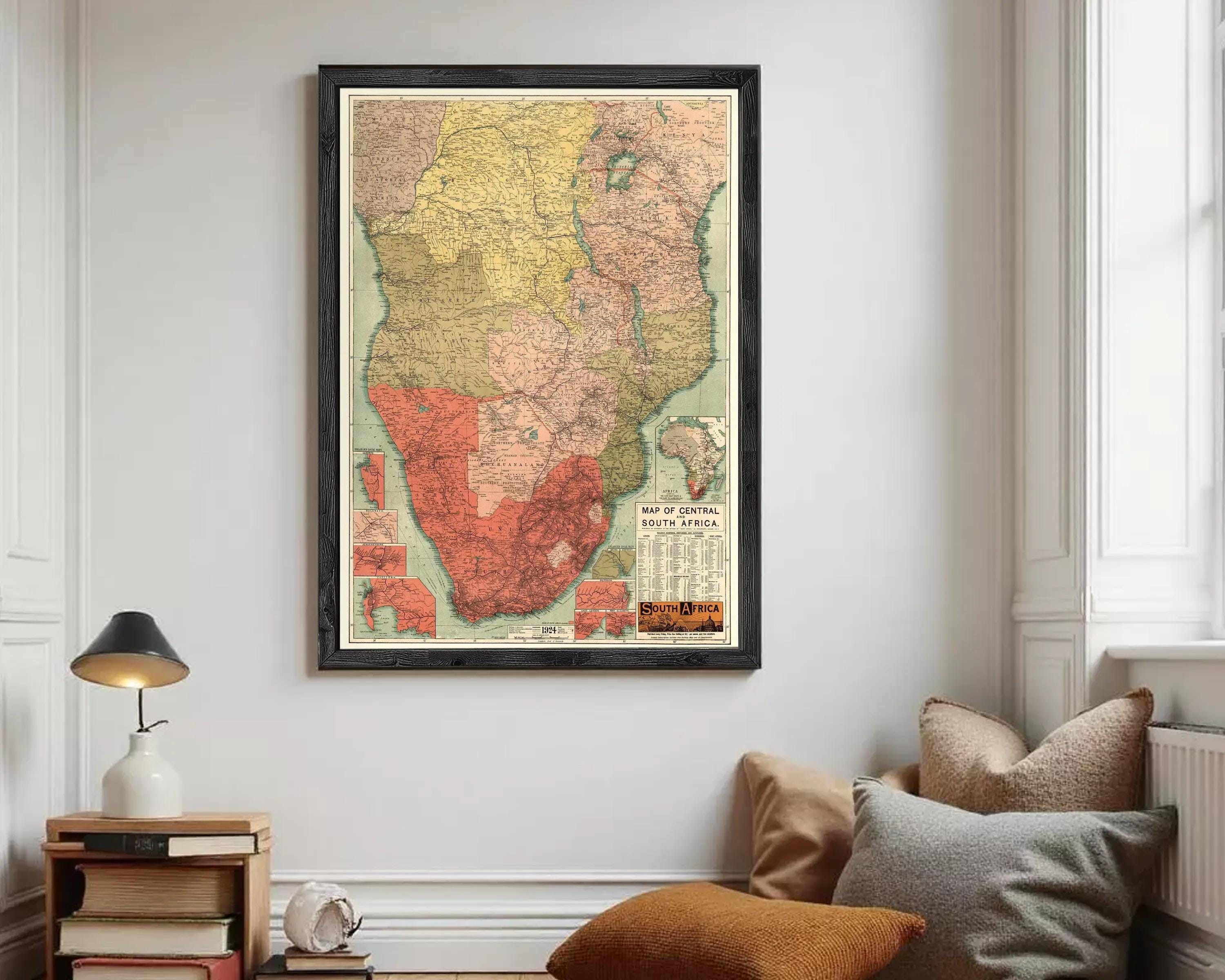 The image is a framed map of South Africa, depicting the country's geographical layout and boundaries.