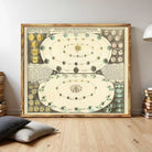 The image is a framed vintage illustration depicting the phases of the moon, including the waxing and waning phases.
