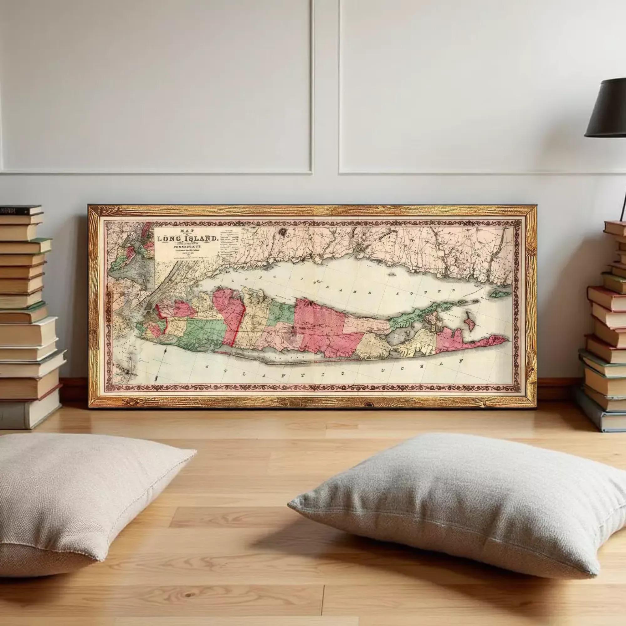 a large framed map of Long Island, with a wooden frame and a vintage appearance. The map is displayed on a wall, and there are two pillows on the floor in front of it.