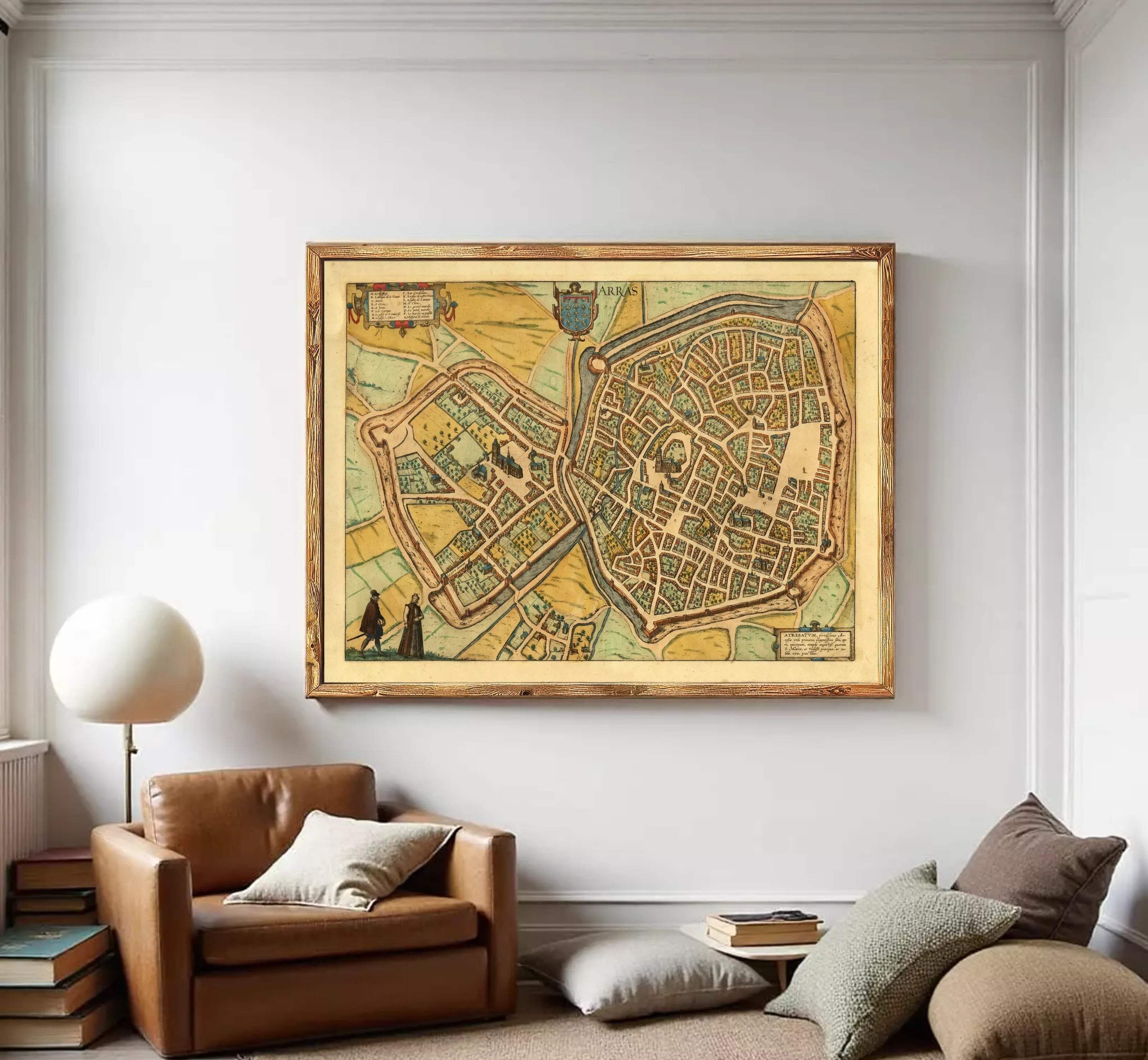 The image is a framed vintage map of a city, depicting a detailed layout of the streets, buildings, and other landmarks.