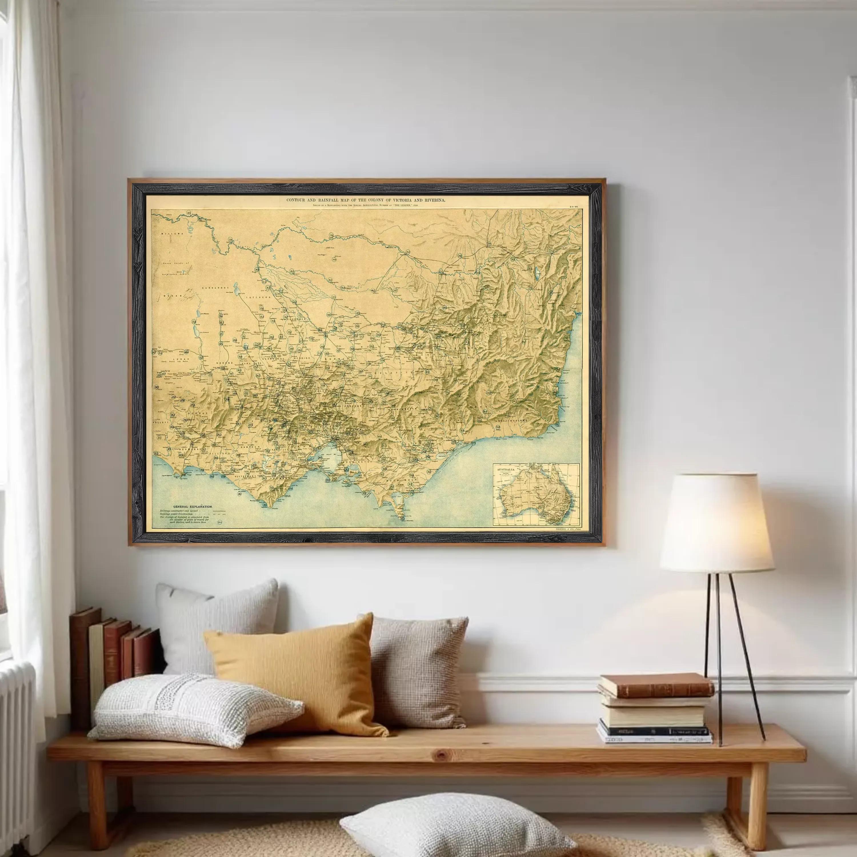 The image is a framed vintage map of Victoria and New South Wales, Australia, depicting the region's geographical layout and features.