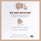 The image is a simple illustration that includes a truck carrying a package and a person carrying a package. The text above the image states that the company ships with DDP (Delivered Duty Paid) and that no surprise duties or Tariffs are covered upfront. The company is worldwide shipping USA orders shipped locally.
