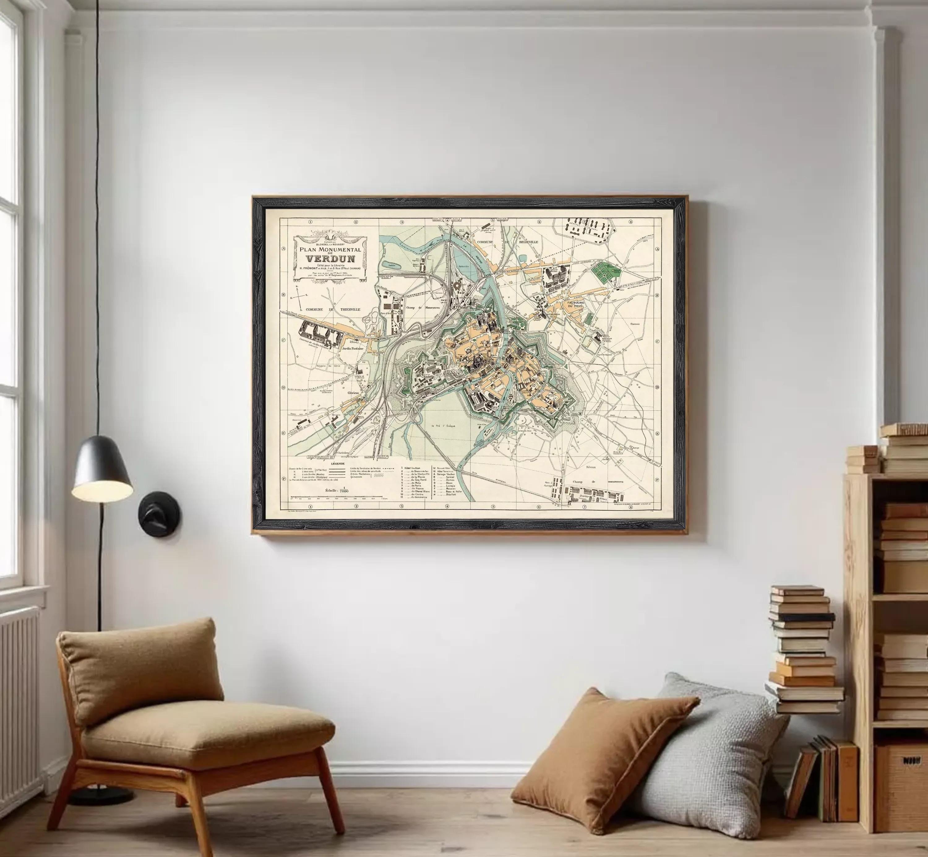 The image is a framed vintage map of a city, depicting various landmarks and streets.