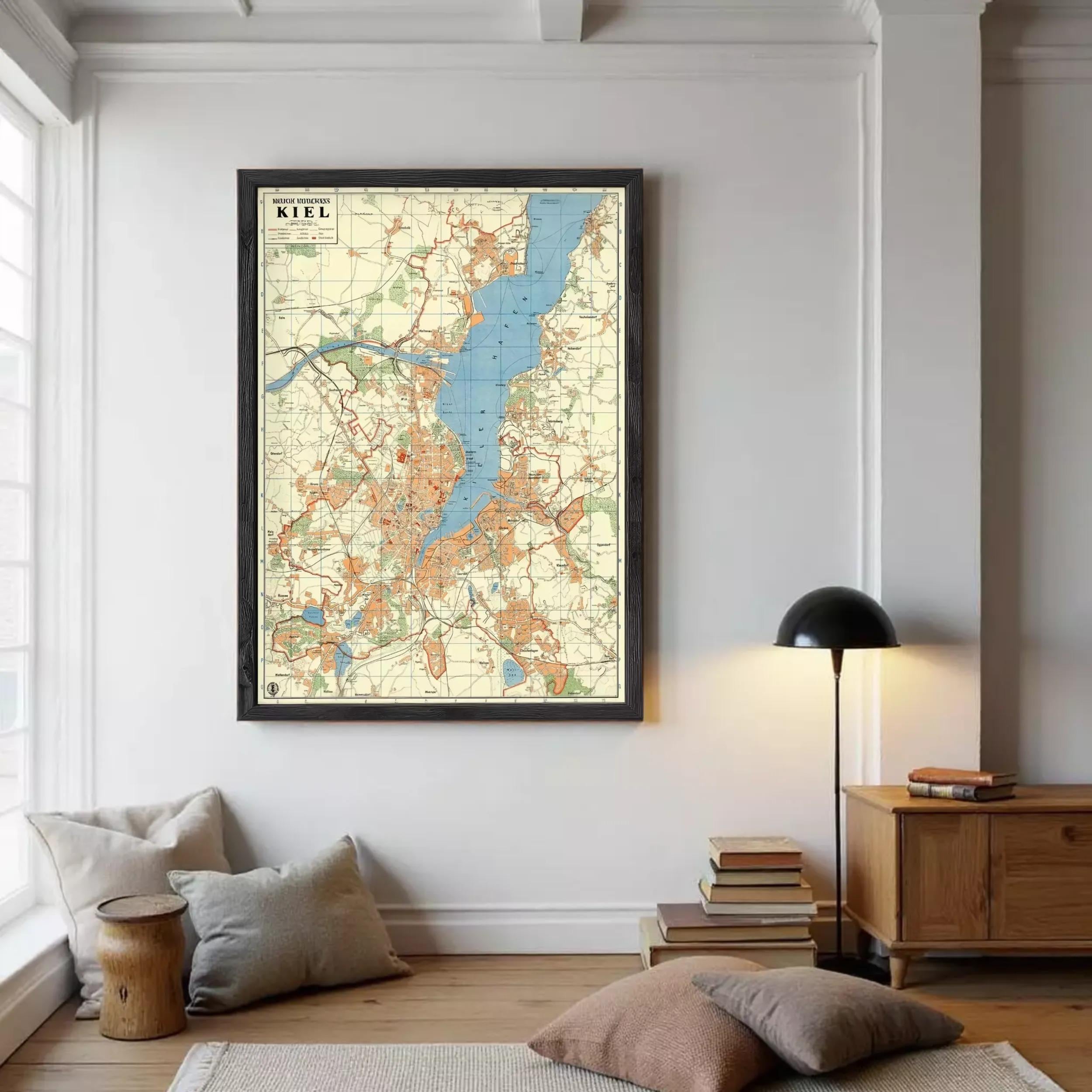 The image is a framed map of the city of Kiel, Germany, showing various landmarks and geographical features.