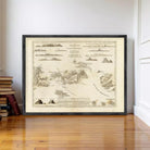 The image is a framed antique map of the world, depicting various geographical features and landmarks.