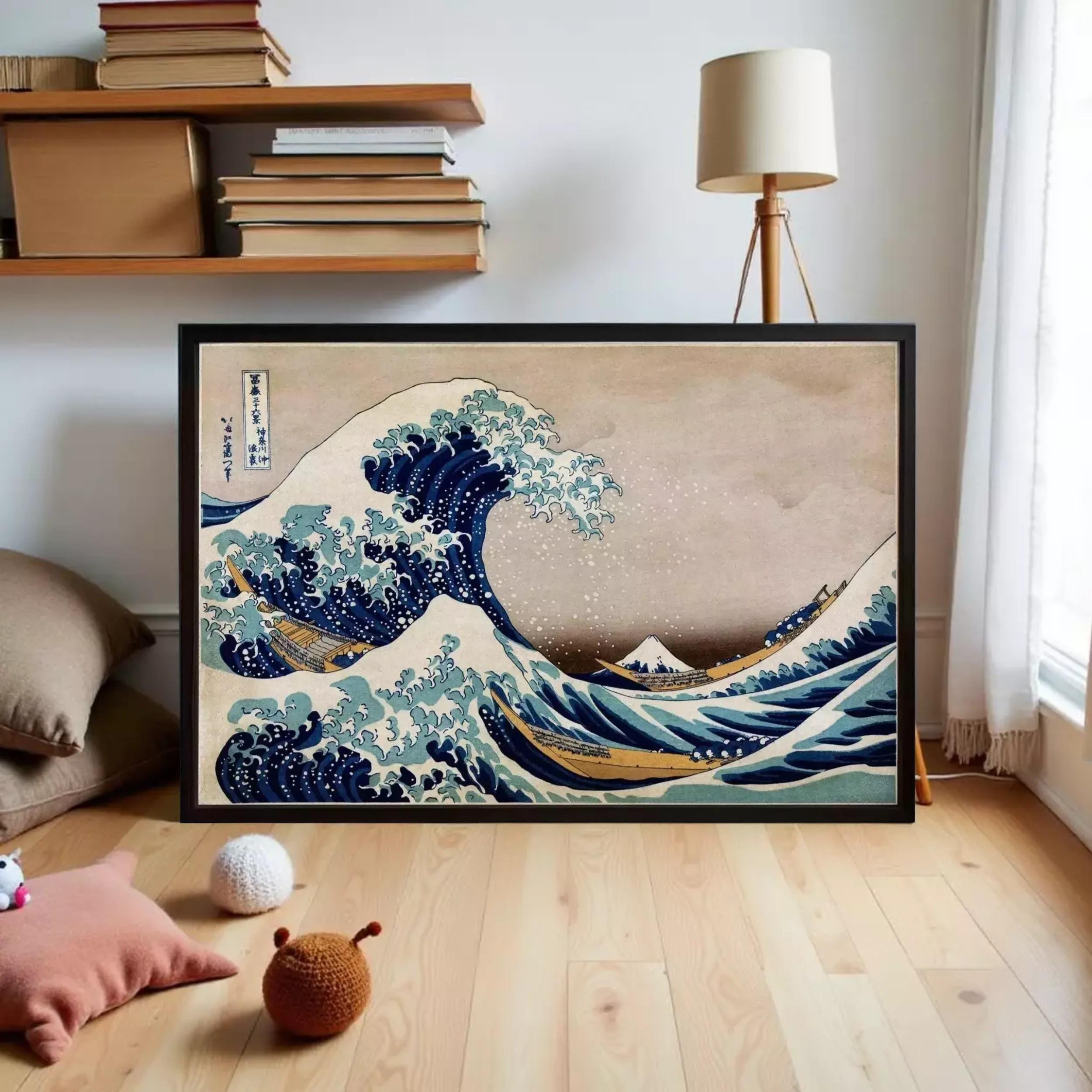 The image is a framed print of the famous Japanese woodblock print "The Great Wave off Kanagawa" by the artist Hokusai. The print depicts a large, powerful wave crashing against a rocky shore, with the wave's crest towering over the surrounding landscape. The artwork is framed in a black frame and is displayed on a white wall.