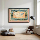 The image is a framed vintage map of the United States, depicting various military and economic symbols and locations.