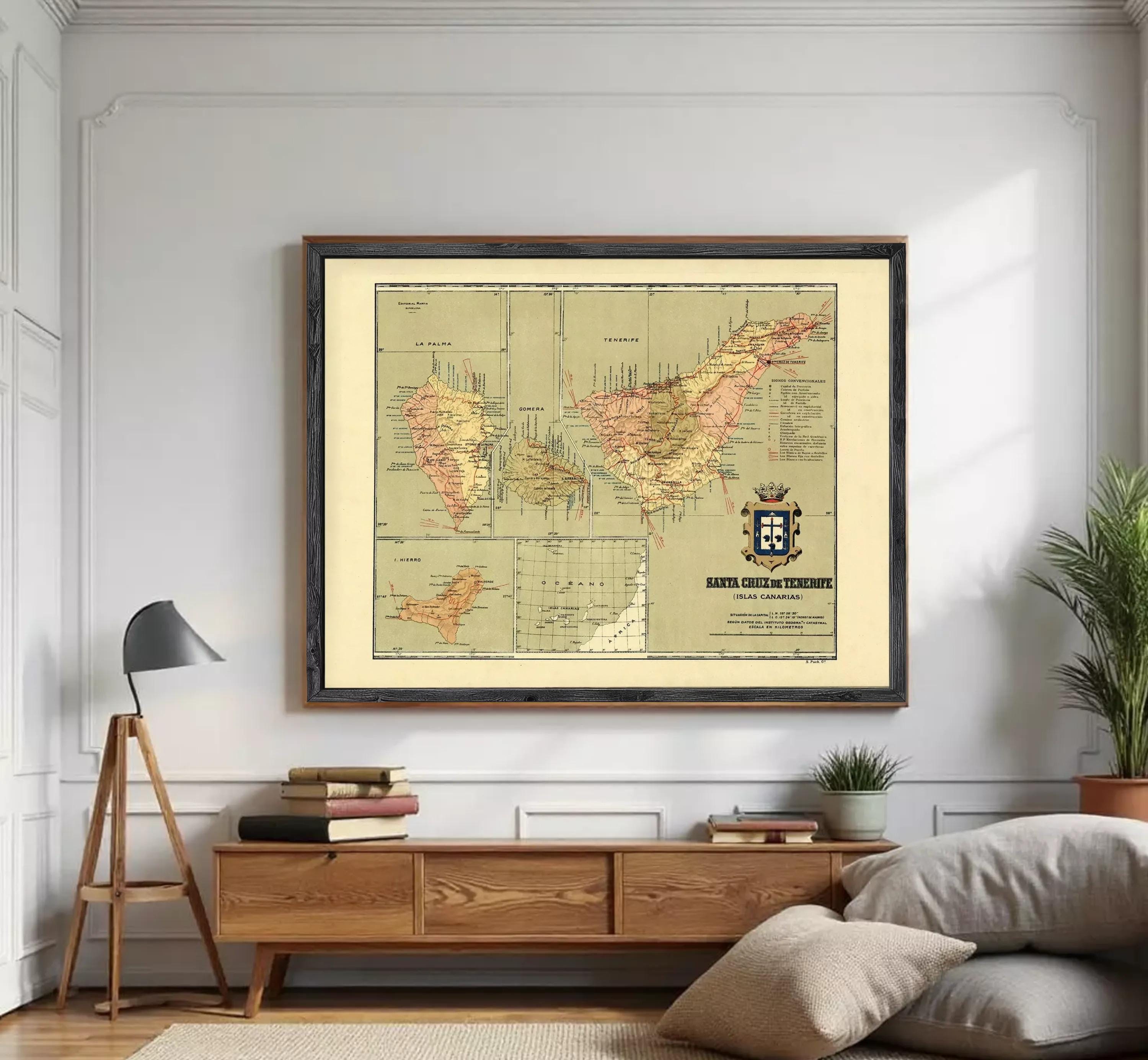 The image is a framed vintage map of the Iberian Peninsula, showing the various regions and islands within the region.