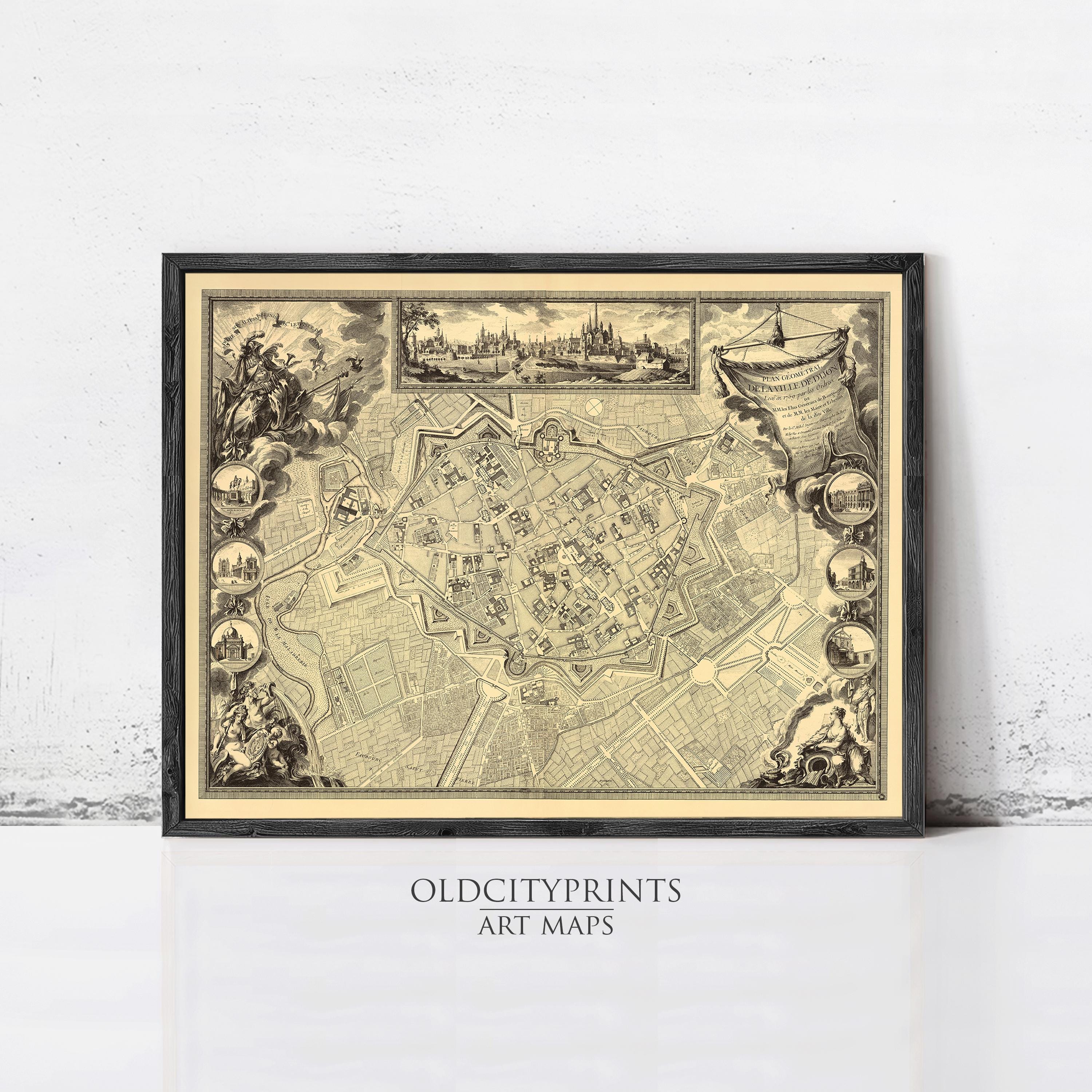 The image is a framed vintage map of a city, likely from the 16th century, with intricate details and illustrations.