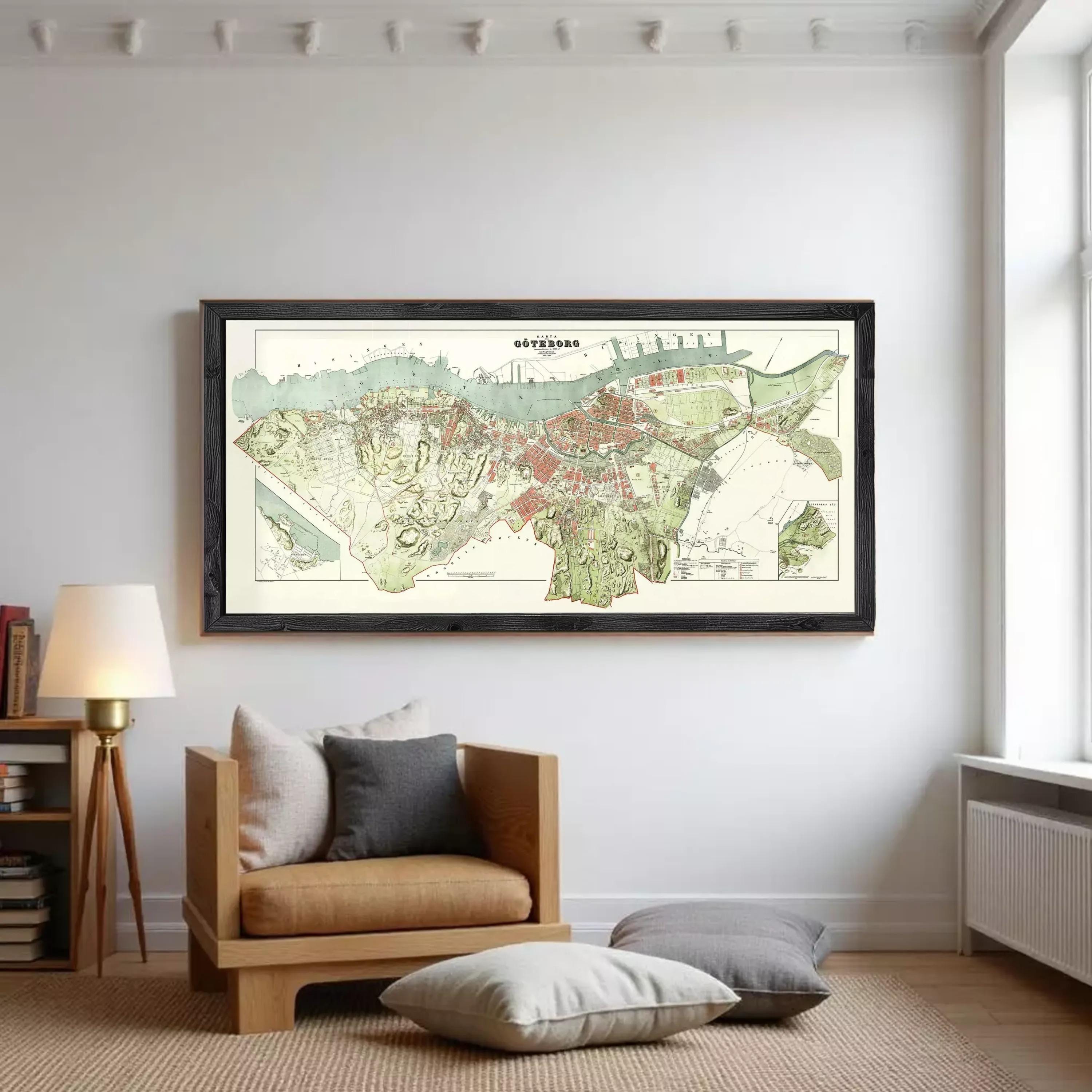 The image is a framed map of a city, likely a historical or geographical map, displayed on a white wall.