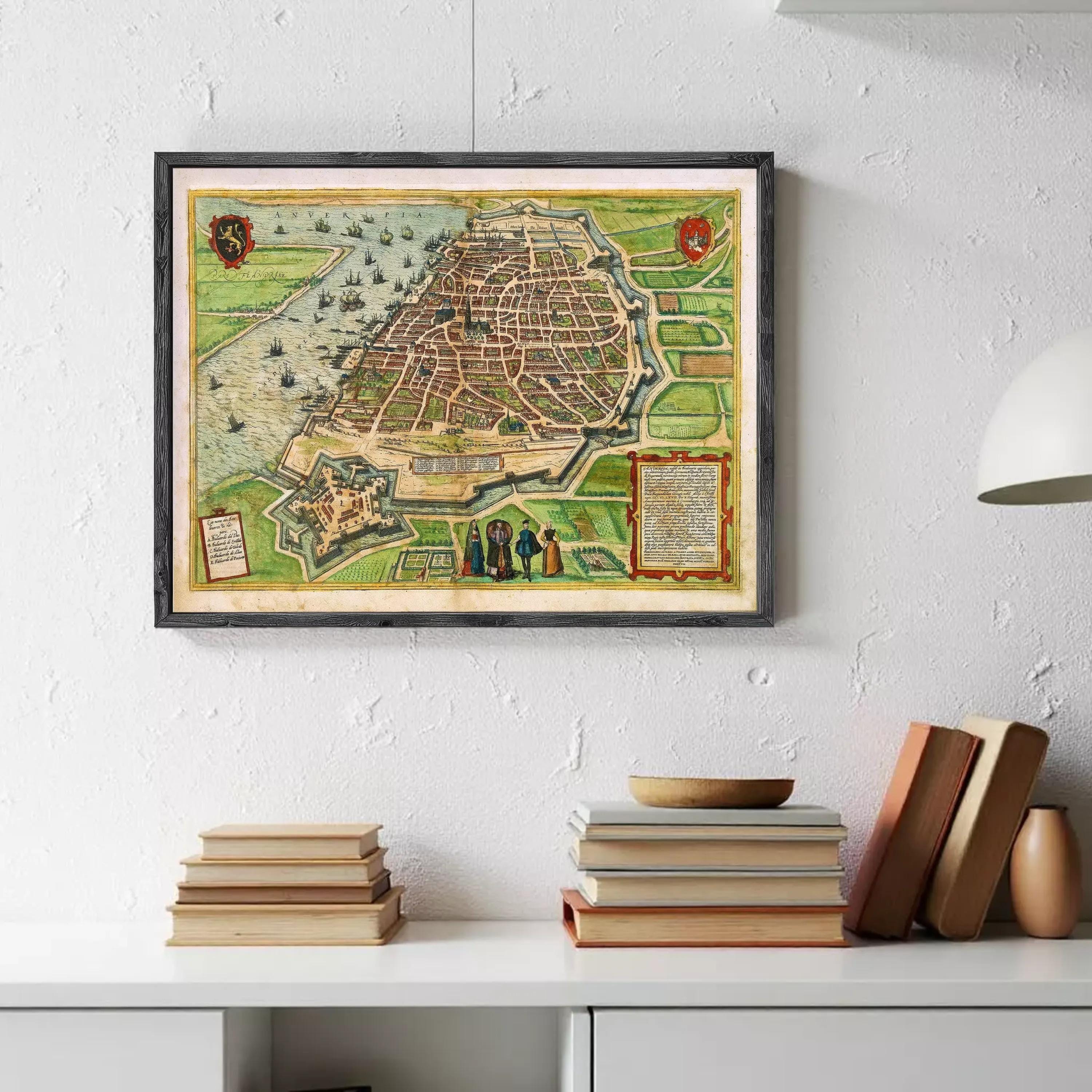 a framed map of a city hanging on a wall, with a stack of books and a vase on a shelf below it.