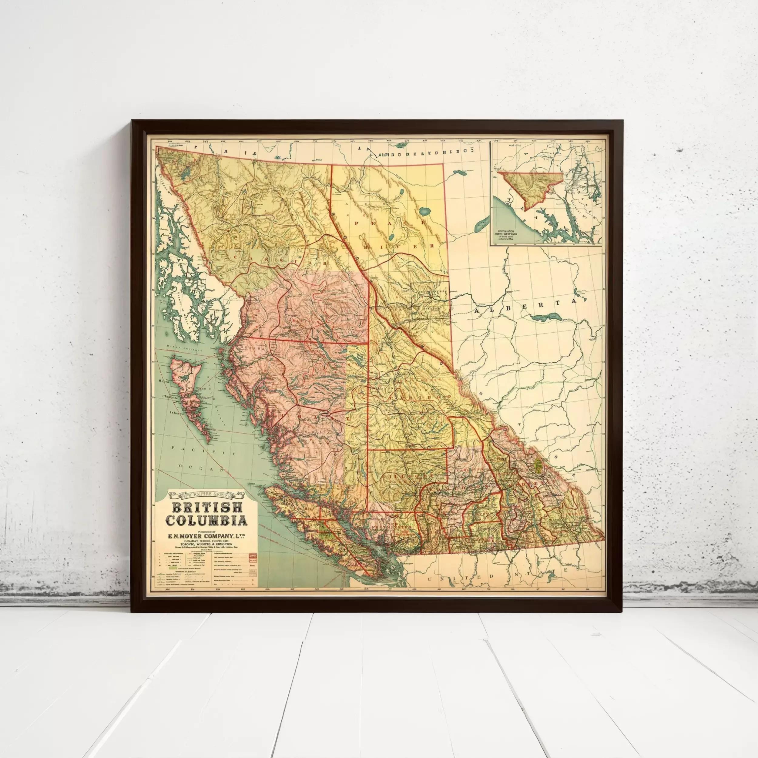 The image is a framed vintage map of British Columbia, Canada.