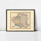 The image is a framed vintage map of Poland, depicting the country in a detailed and colorful manner.