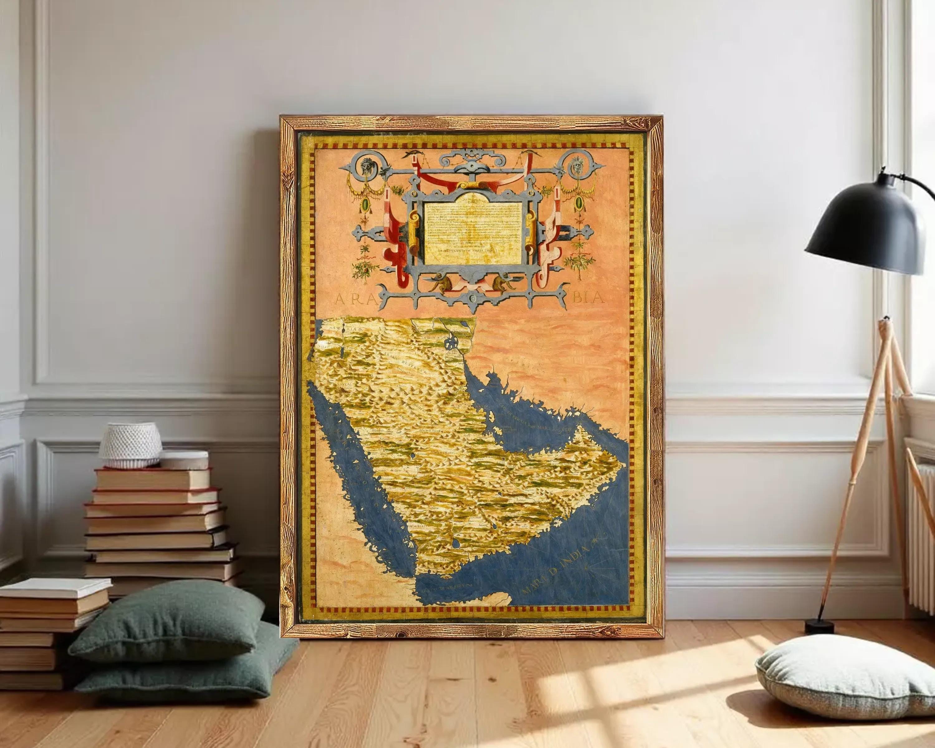 The image is a framed painting depicting a map of the Middle East, with a decorative border and ornate design elements.