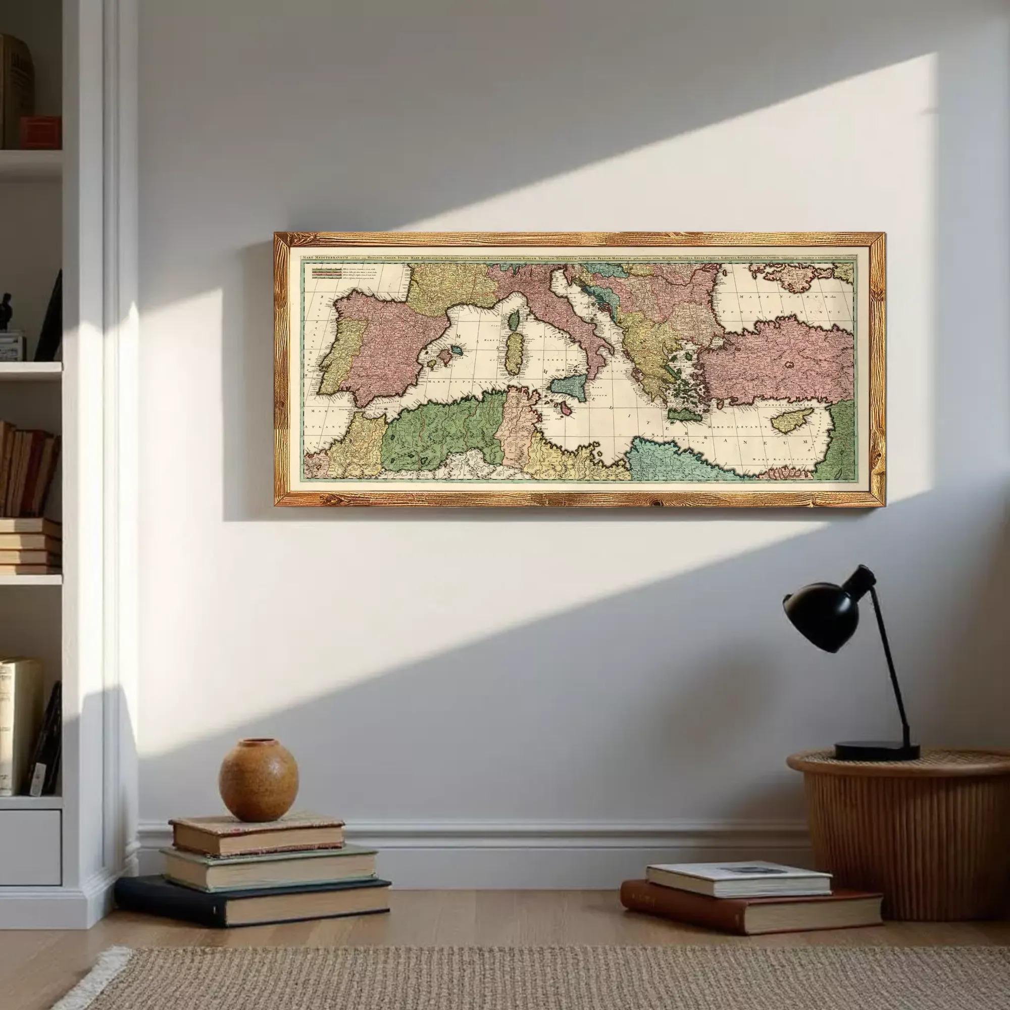 a large framed map of Europe hanging on a wall, with a stack of books and a lamp on a side table below it.