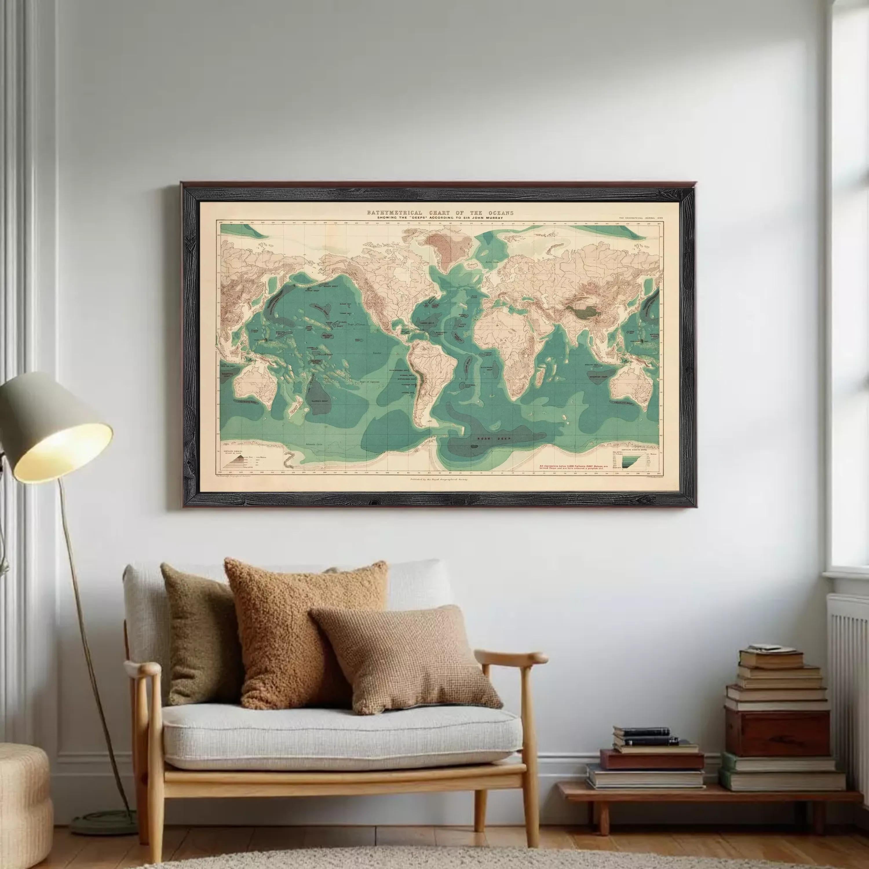 The image is a framed map of the world, depicting the oceans and their geographical features.