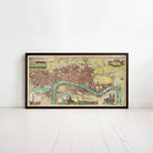 A framed map of London, England, with various landmarks and cityscapes depicted.