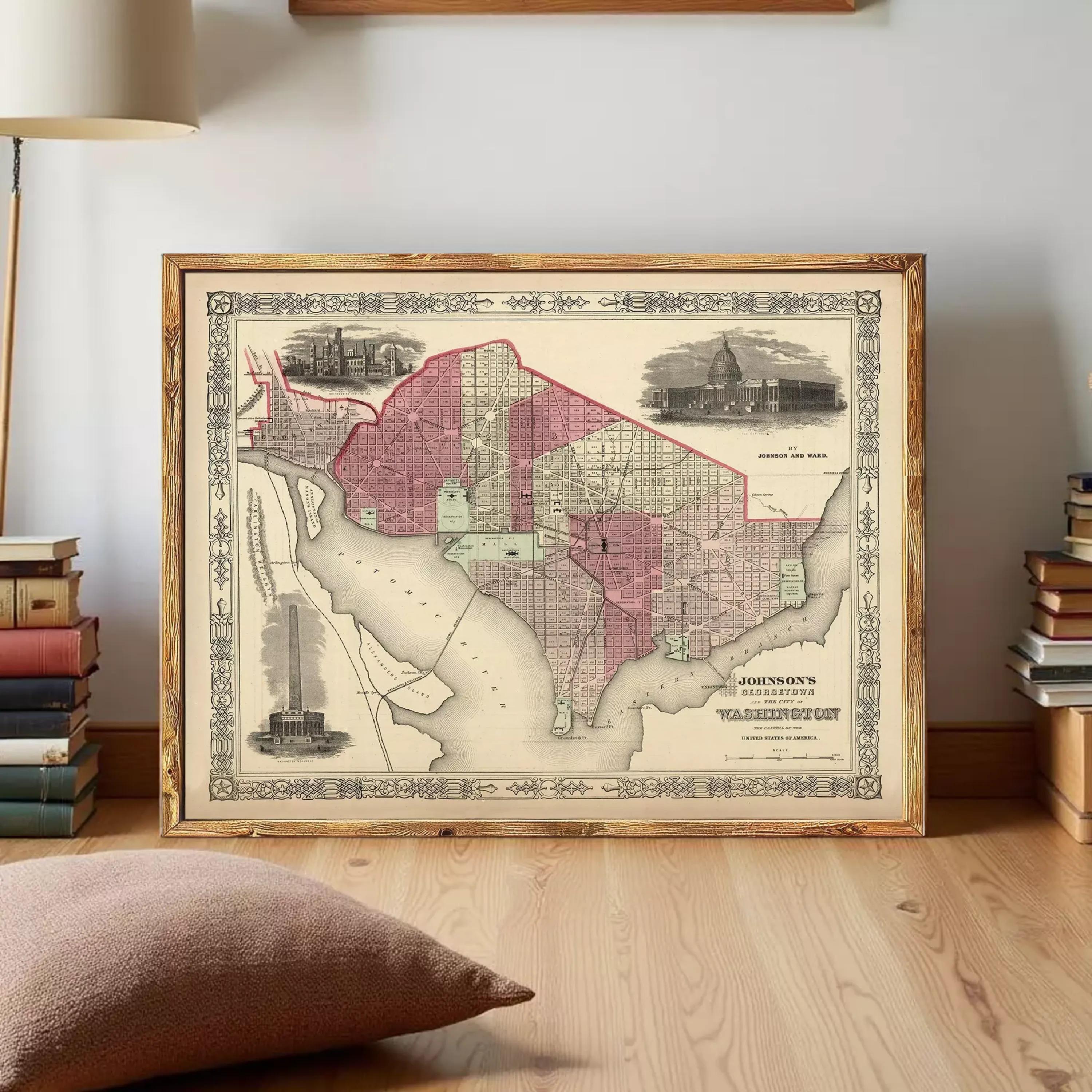 The image is a framed antique map of Washington, D.C.