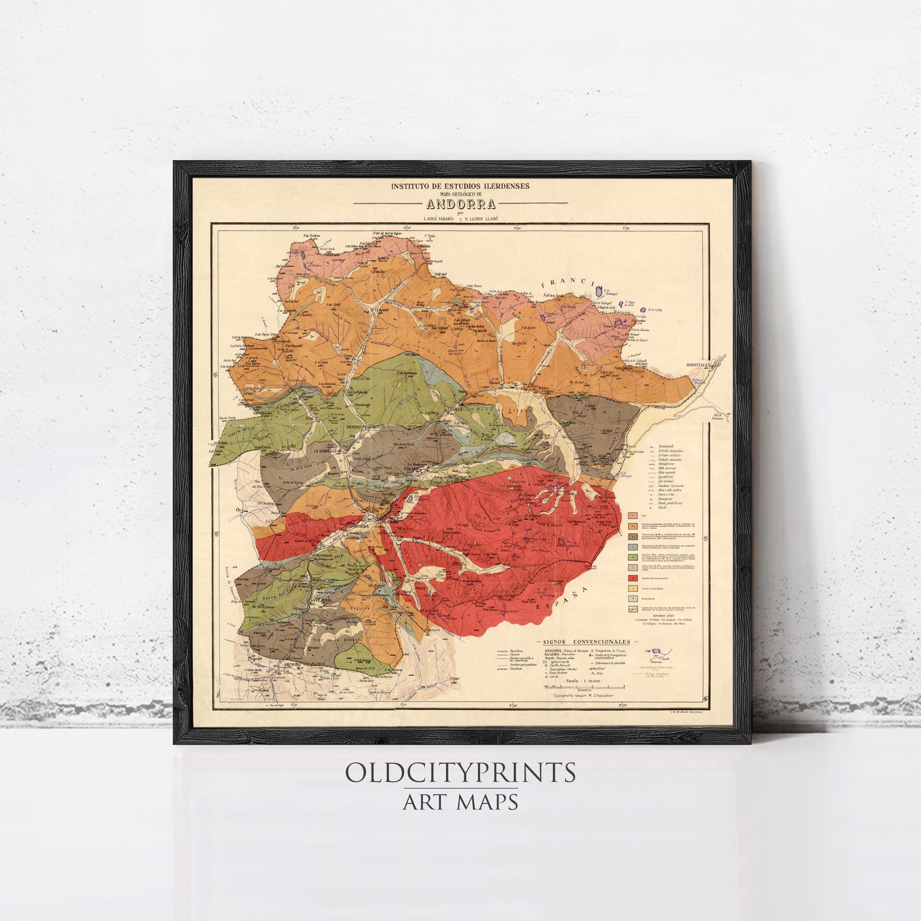 The image is a framed vintage map of the Andes region, depicting the various mountain ranges and geographical features of the area.