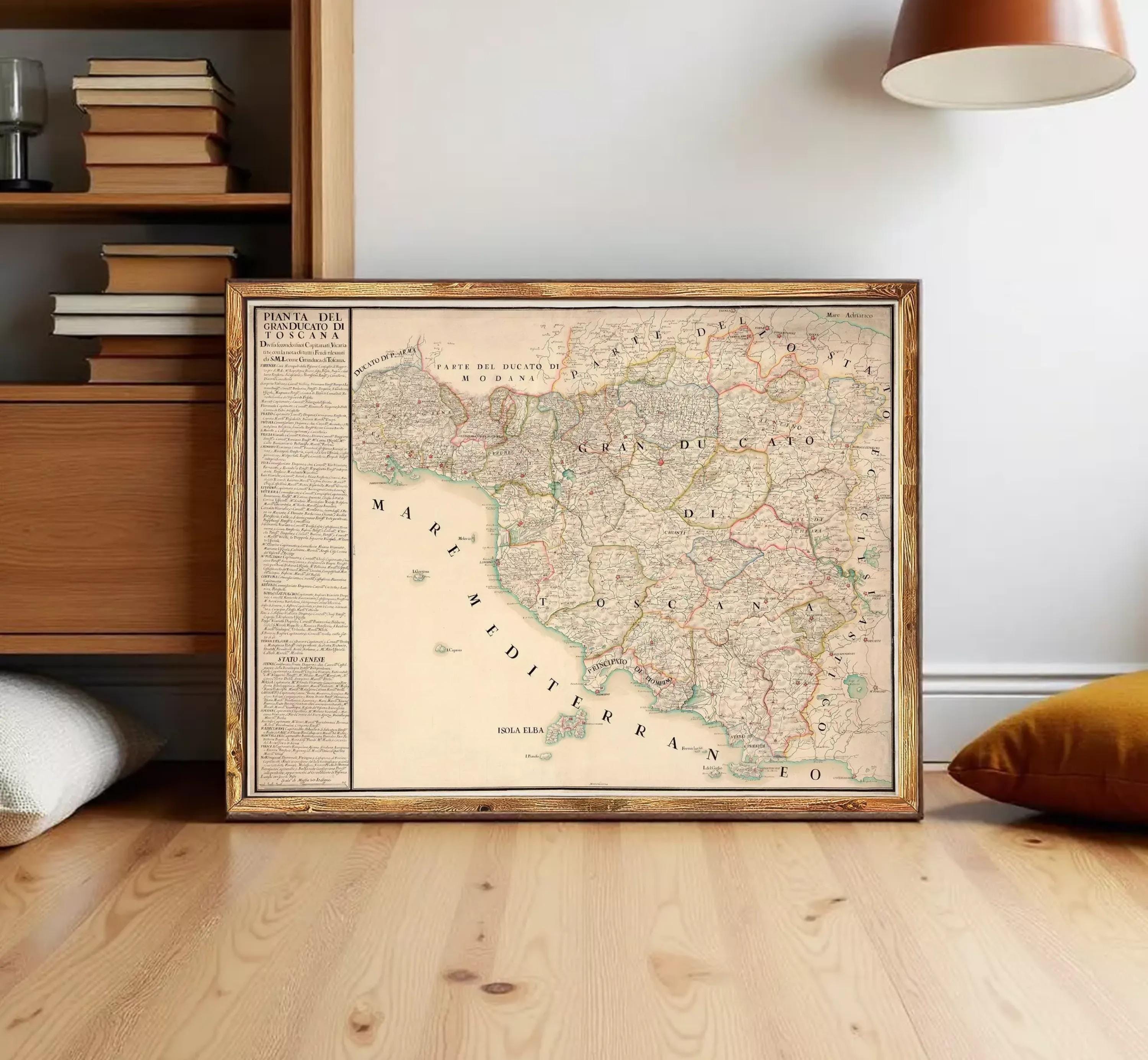 The image is a framed vintage map of the Mediterranean region, depicting various countries and regions in a detailed and intricate manner.