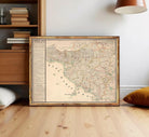 The image is a framed vintage map of the Mediterranean region, depicting various countries and regions in a detailed and intricate manner.