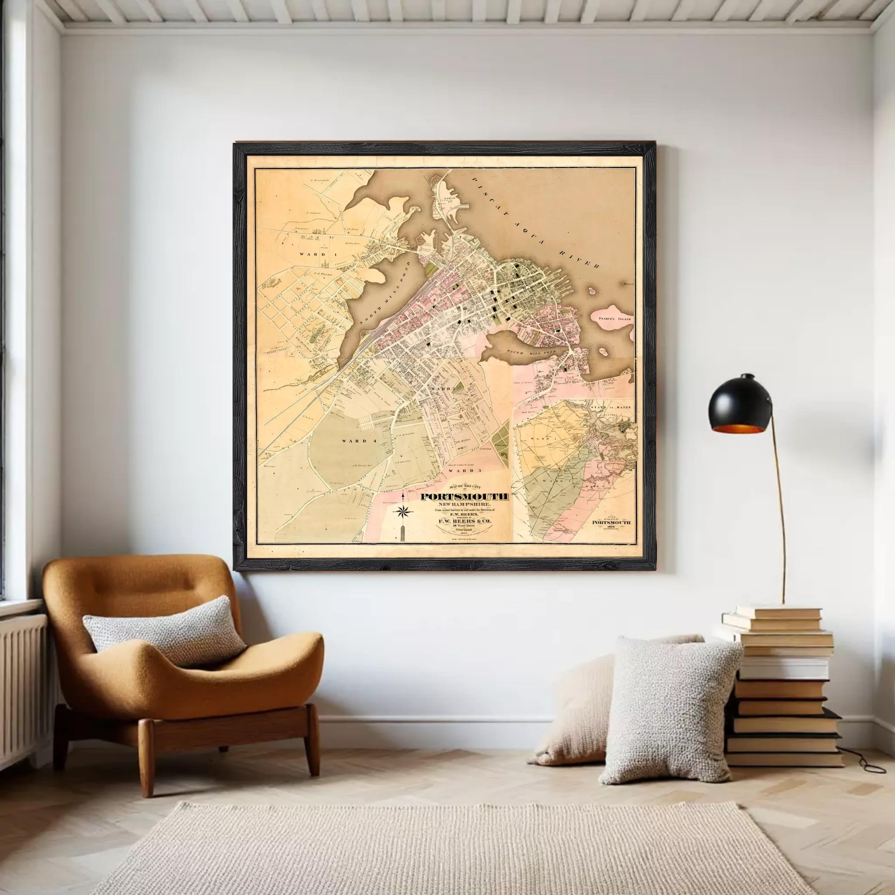 The image is a framed vintage map of the town of Portland, Oregon, showing the layout of the streets, landmarks, and surrounding areas.