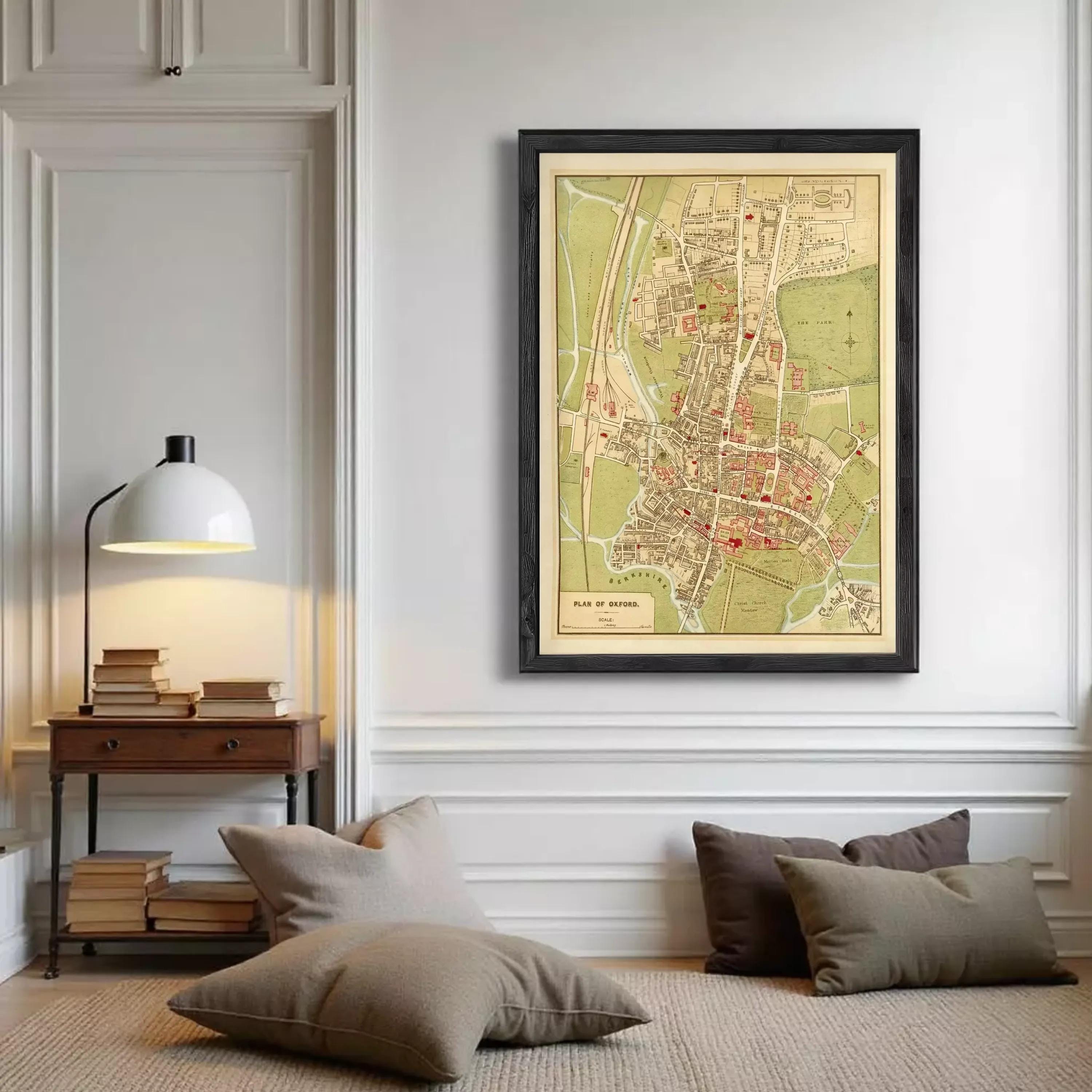 The image is a framed vintage map of Oxford, England, depicting the city's layout and surrounding areas.