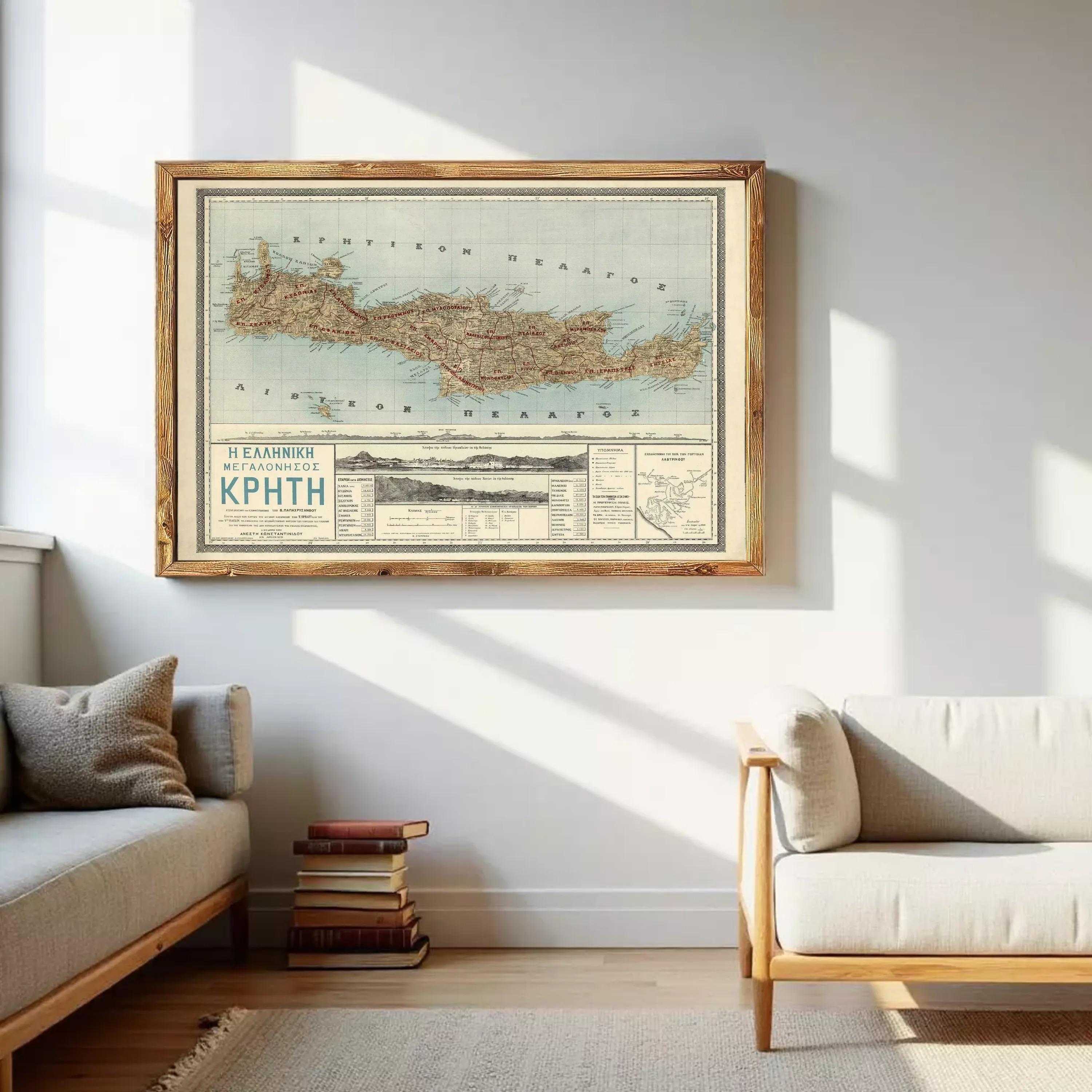 a large framed map of Greece hanging on a wall in a living room.