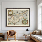The image is a framed vintage map of the island of Cyprus, depicting the country's geographical layout and surrounding areas.