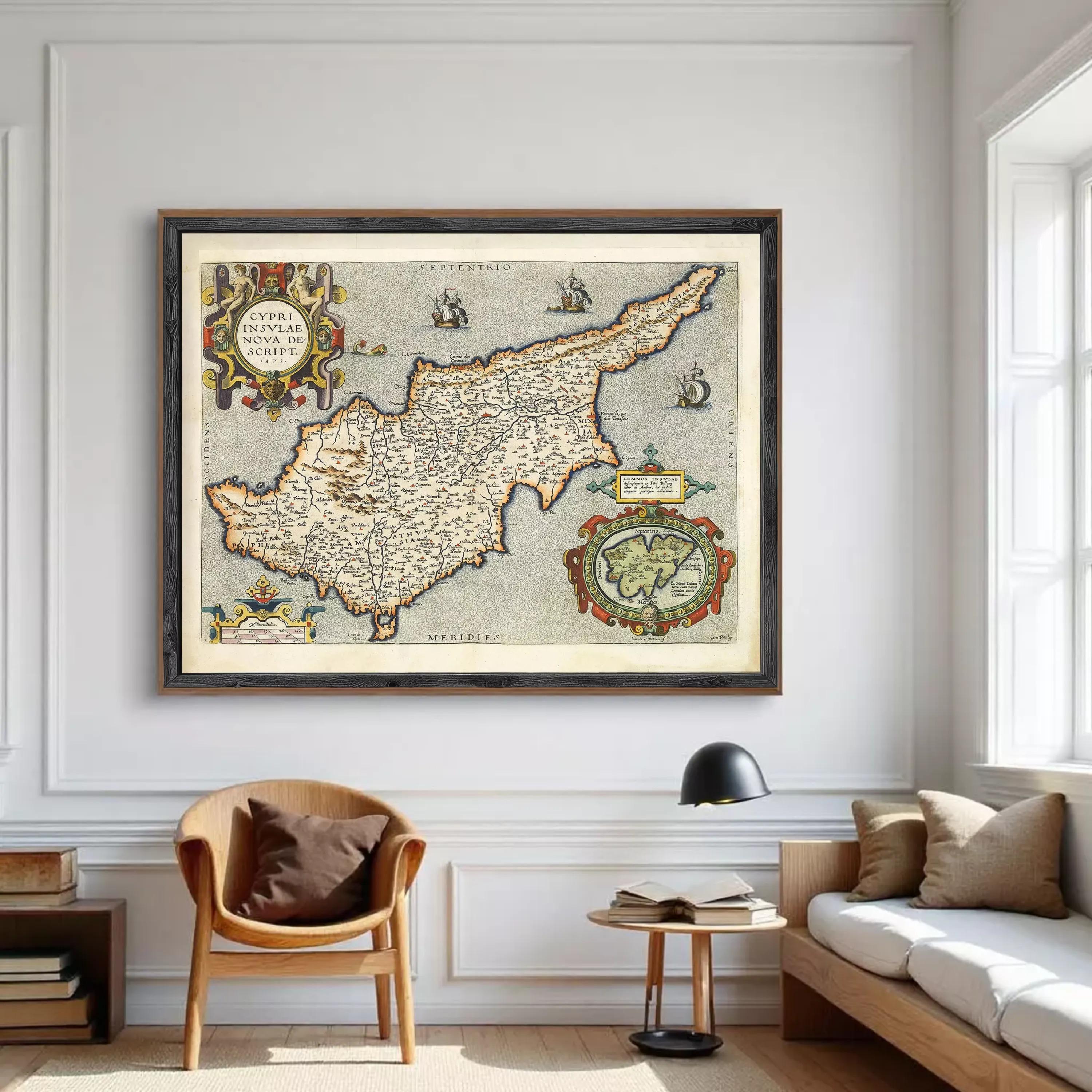 The image is a framed vintage map of the island of Cyprus, depicting the country's geographical layout and surrounding areas.
