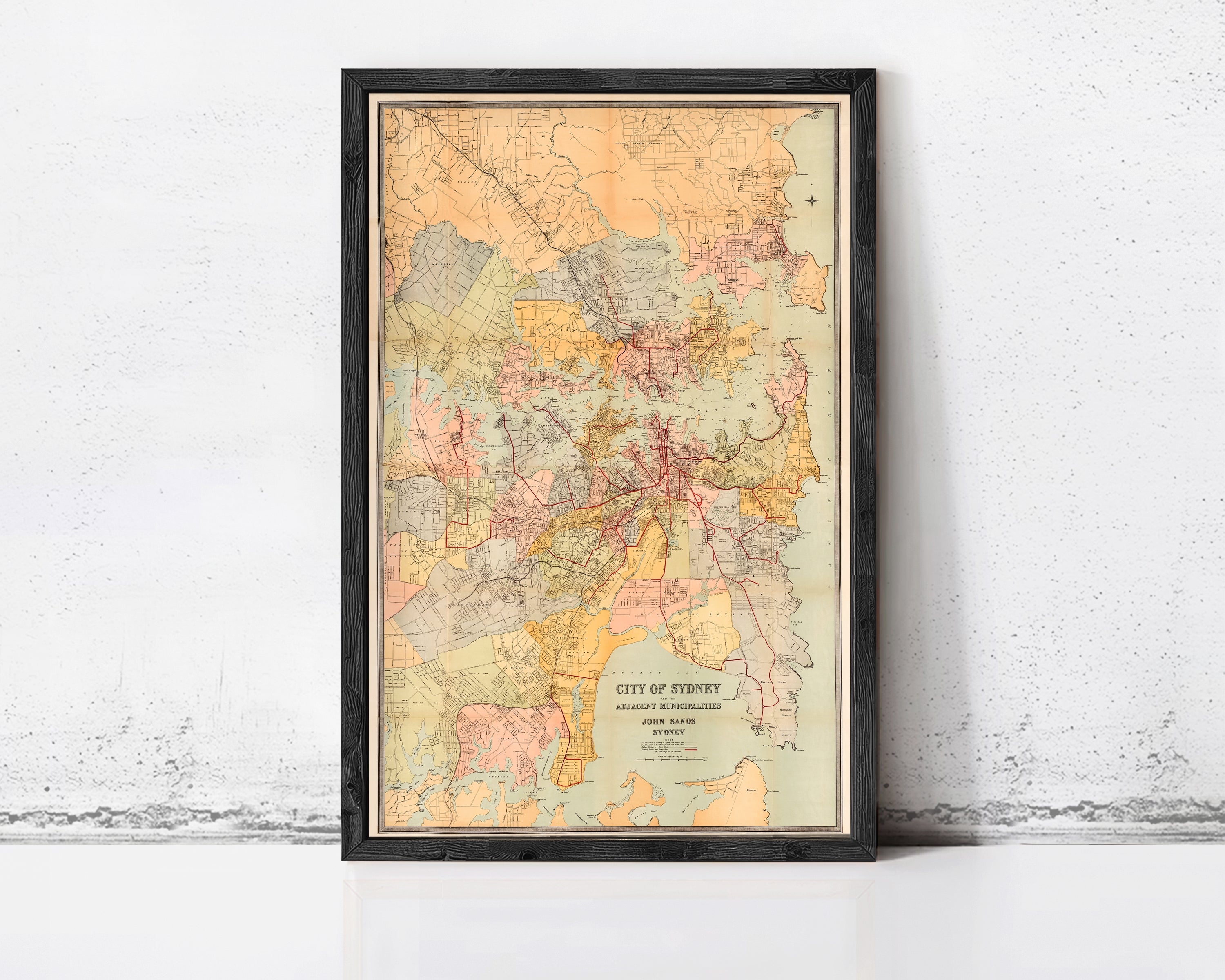 The image is a framed vintage map of the city of Sydney, Australia, depicting the city's streets and surrounding areas.