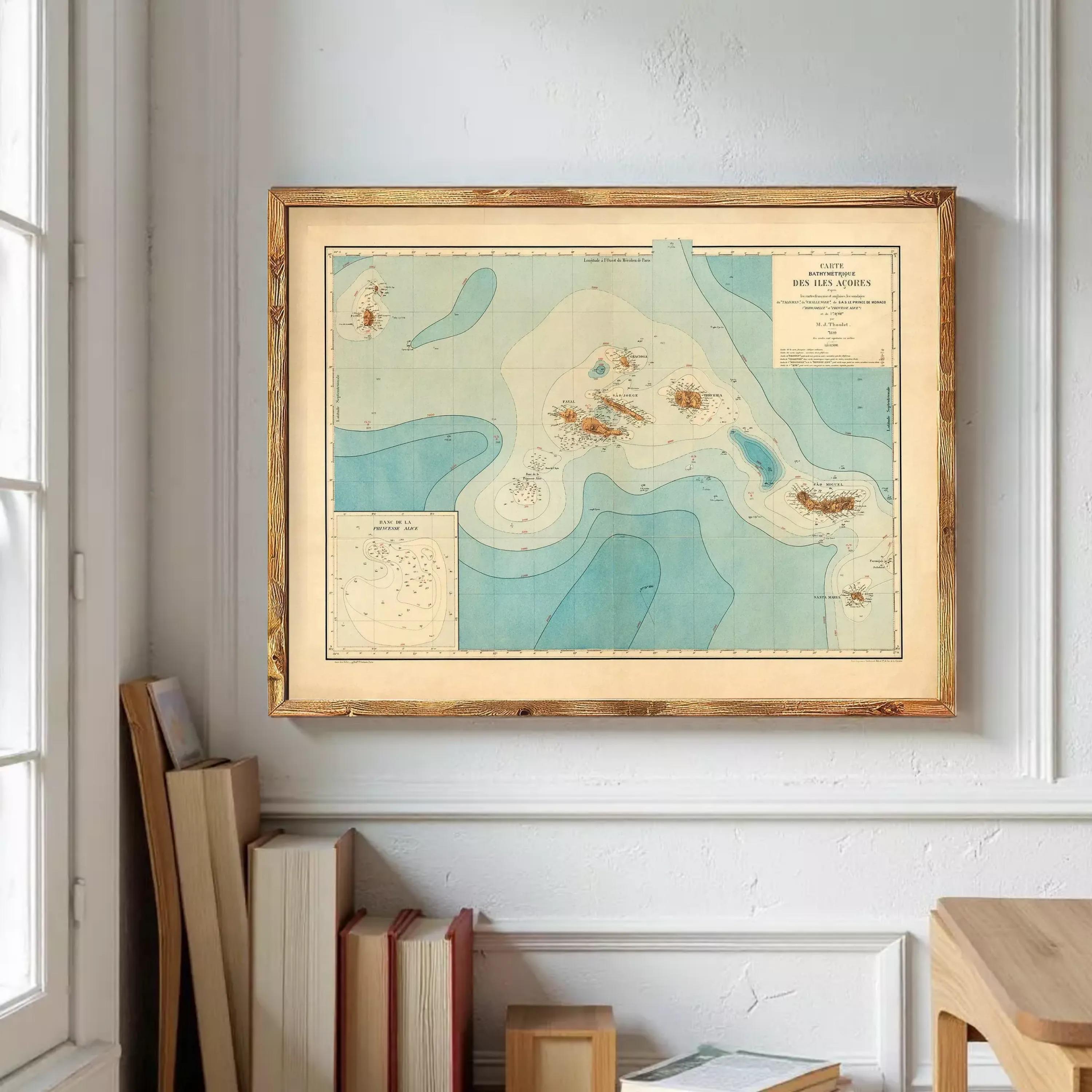 a framed map of the ocean floor, hanging on a wall in a room with a bookshelf below it.