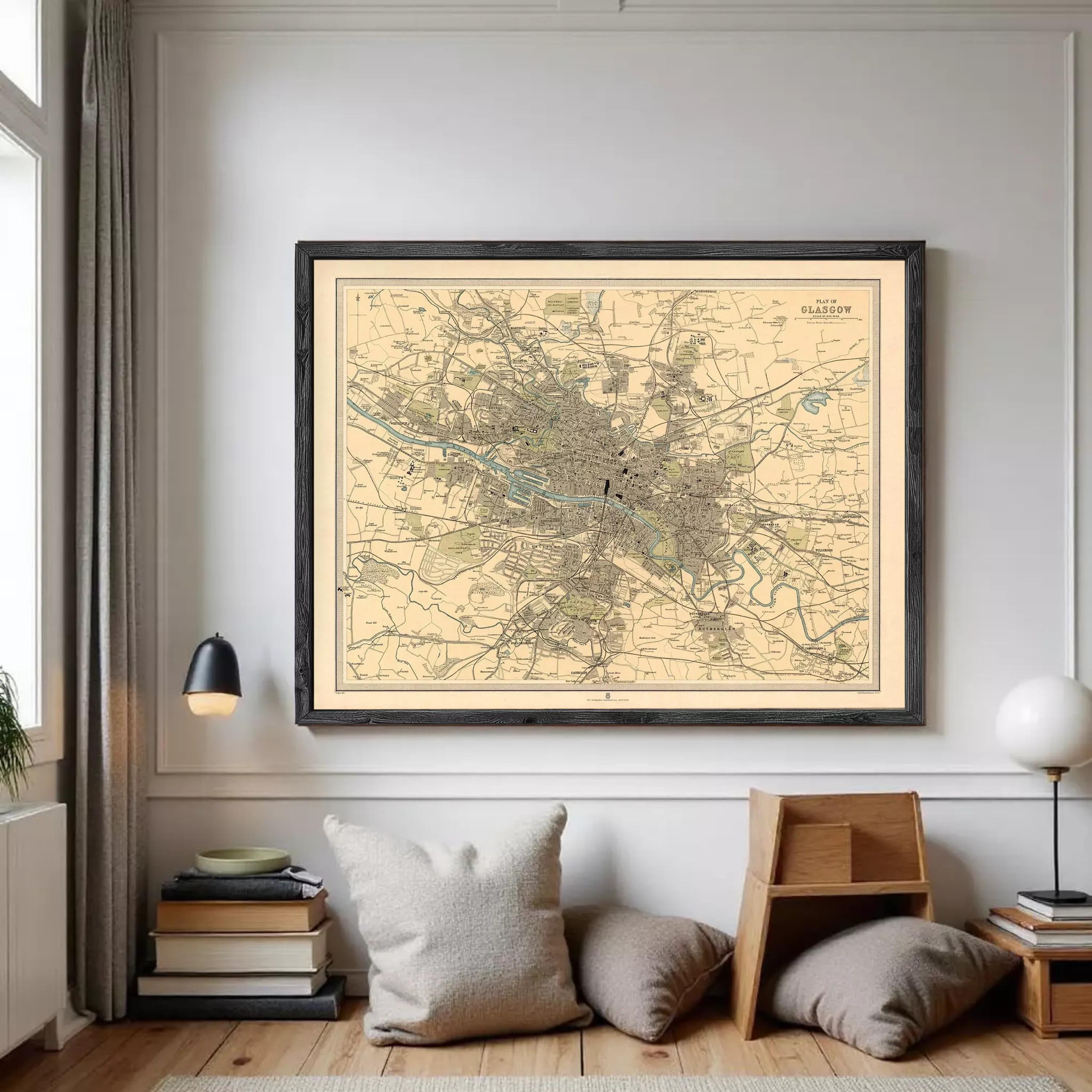 The image is a framed vintage map of Glasgow, Scotland, depicting the city's layout and surrounding areas.