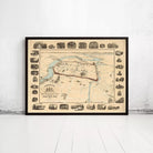 The image is a framed vintage map of a city, featuring various landmarks and streets.