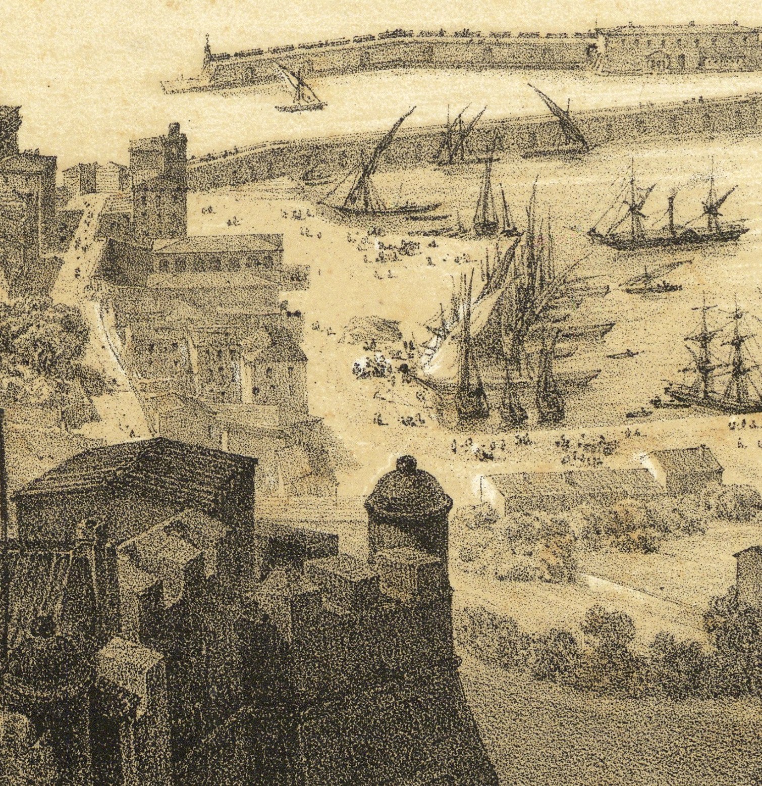 The image is a detailed illustration of a cityscape with buildings, ships, and people, depicting a bustling maritime port or harbor.