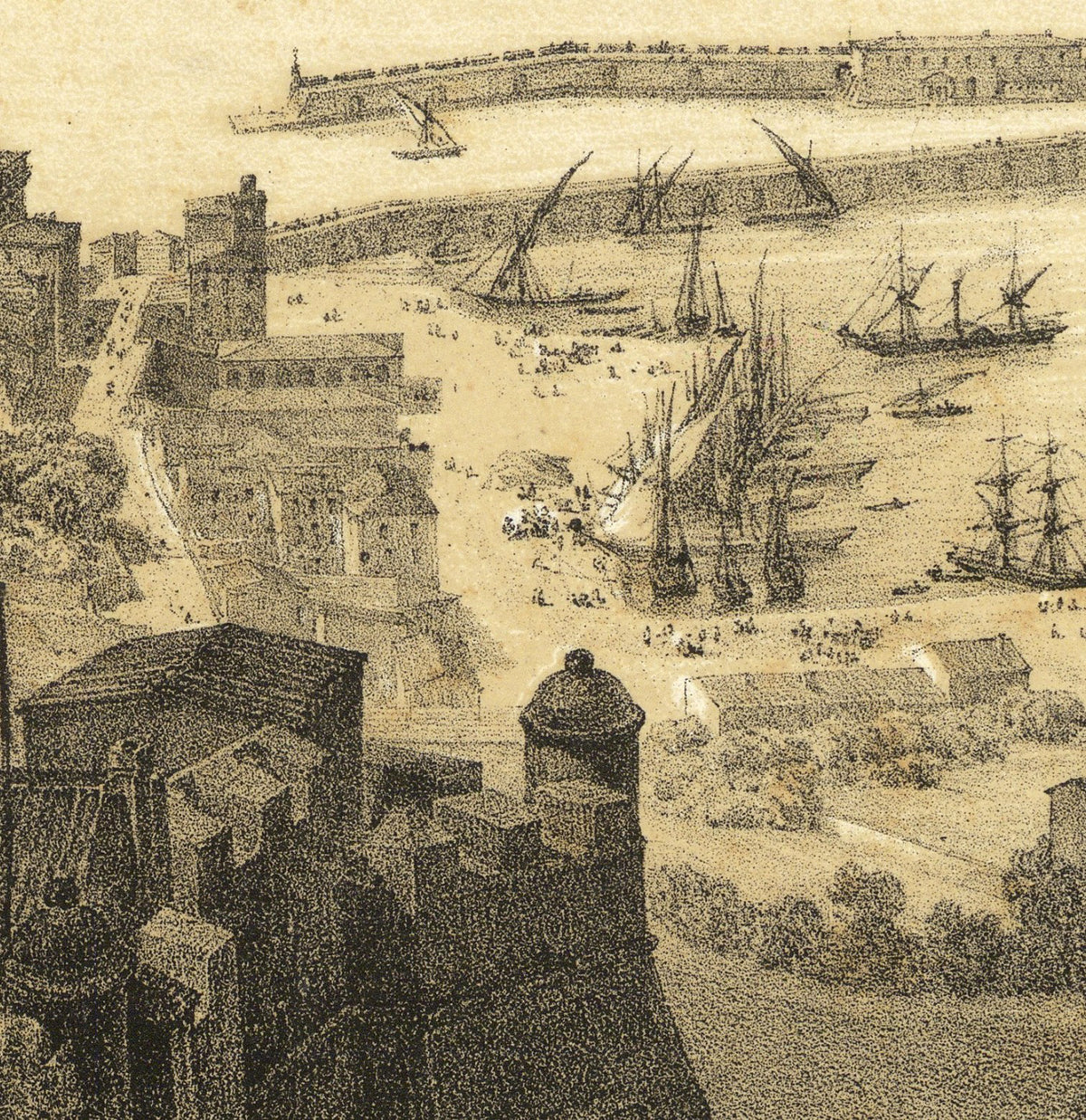 The image is a detailed illustration of a cityscape with buildings, ships, and people, depicting a bustling maritime port or harbor.