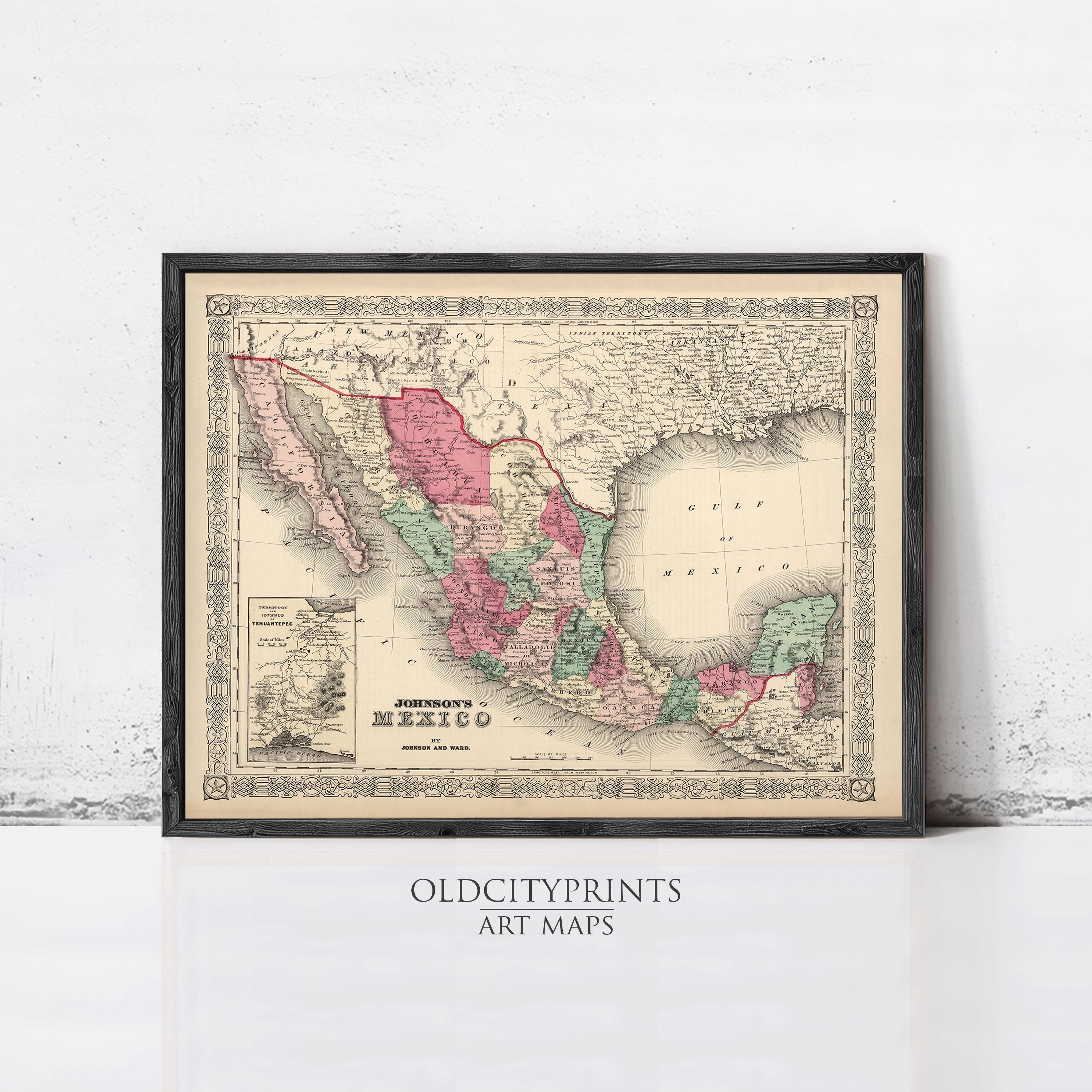 The image is a framed vintage map of Mexico, depicting the country's geographical layout and boundaries.