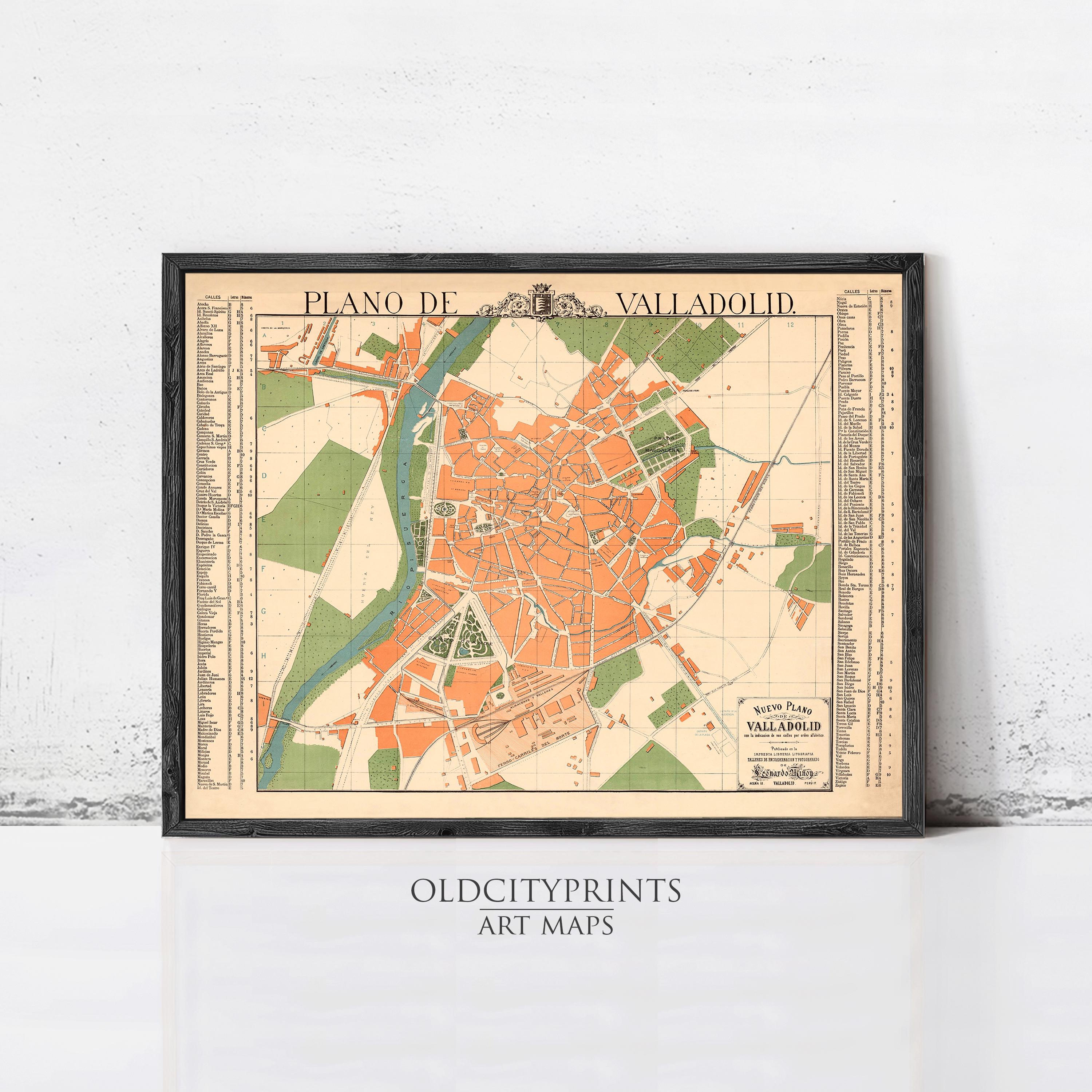 The image is a framed vintage map of Vallodol, showing the layout of the city and surrounding areas.
