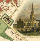 The image is a historical map of a town, depicting a church and surrounding buildings.